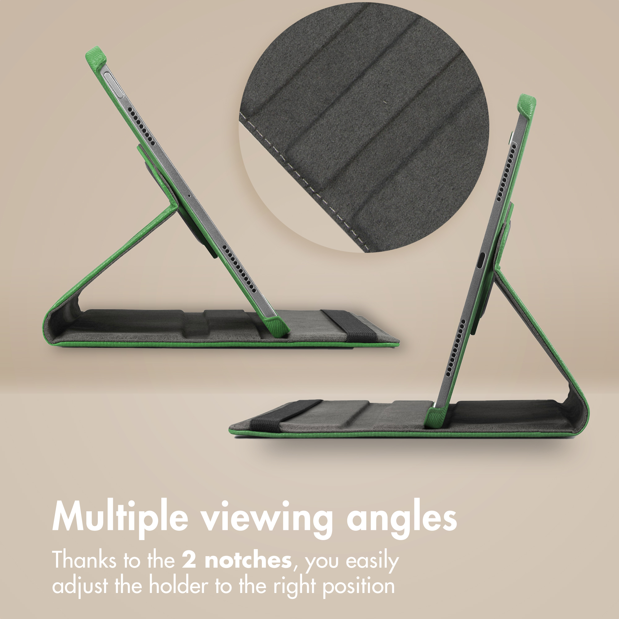 Green tablet case with an adjustable stand in two viewing angles on a beige background.