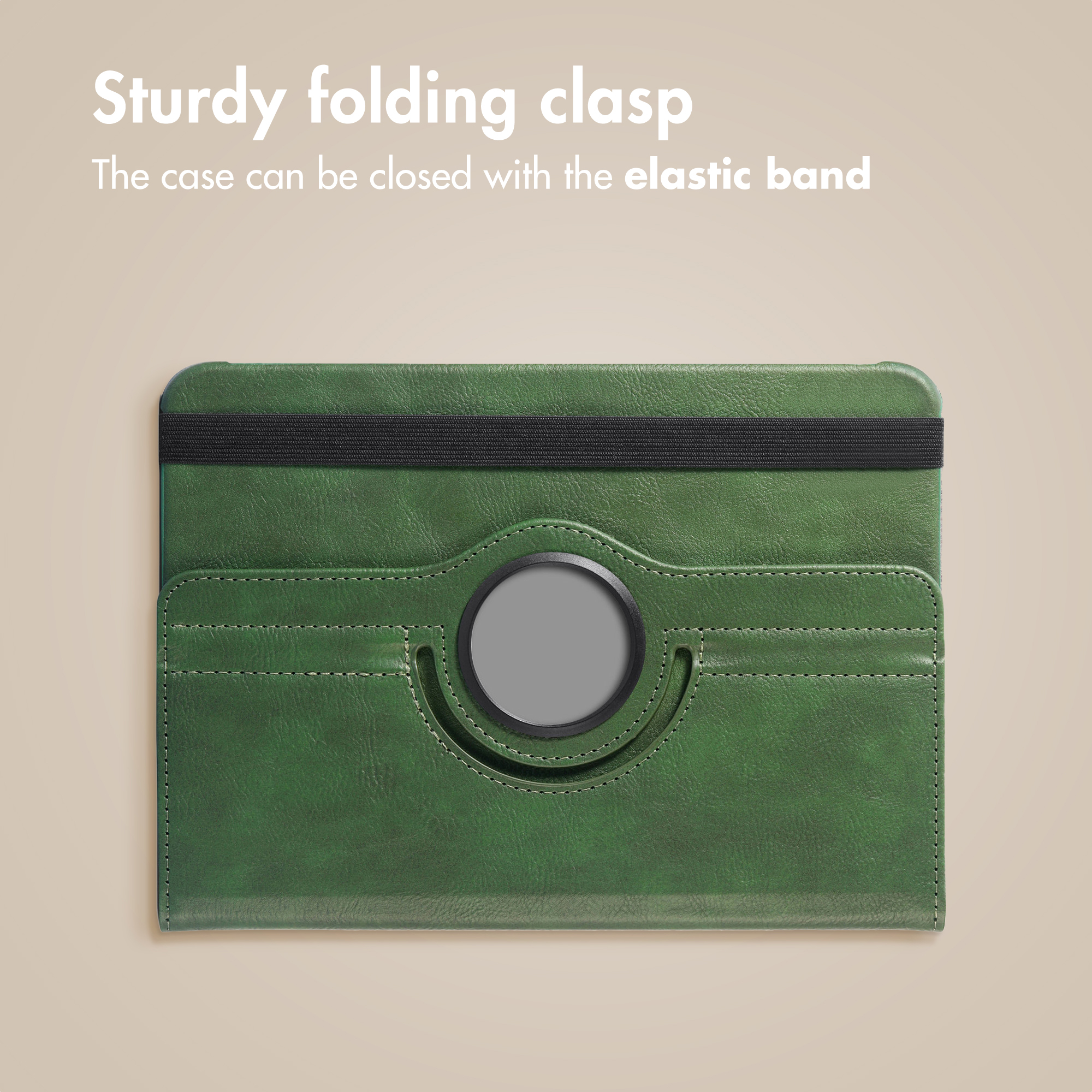 Green leather tablet case featuring a round logo and a black elastic band.