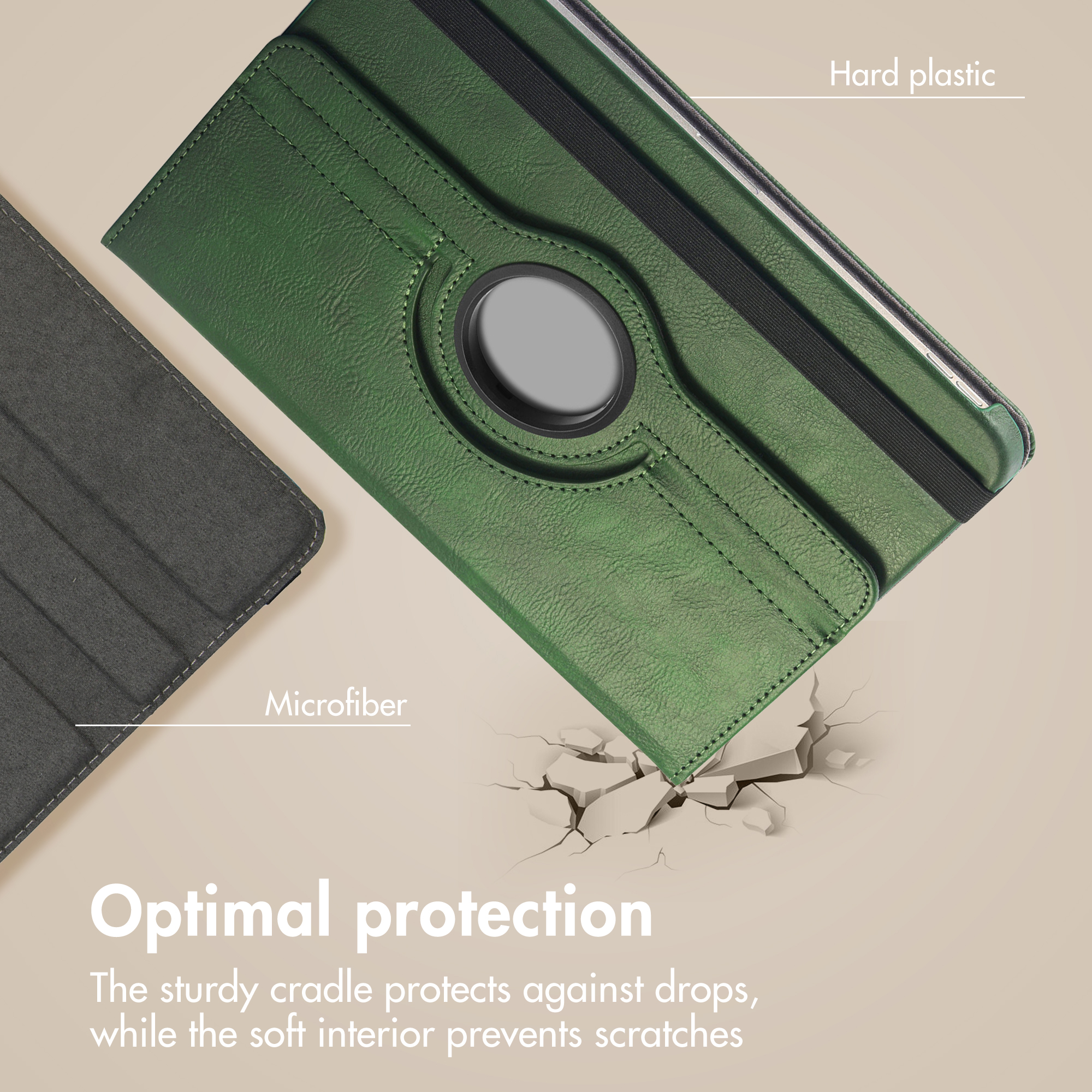 Green tablet case with hard plastic shell and soft microfiber inner lining for optimal protection.