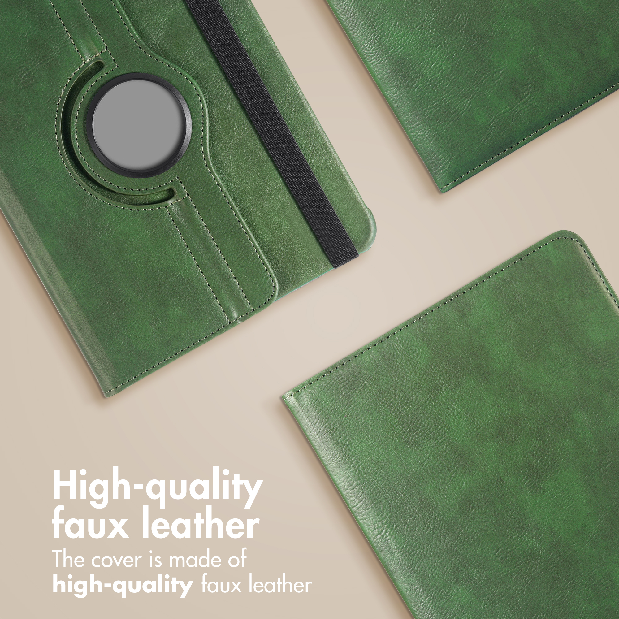 Three green faux leather tablet covers on a beige background, with text about quality.