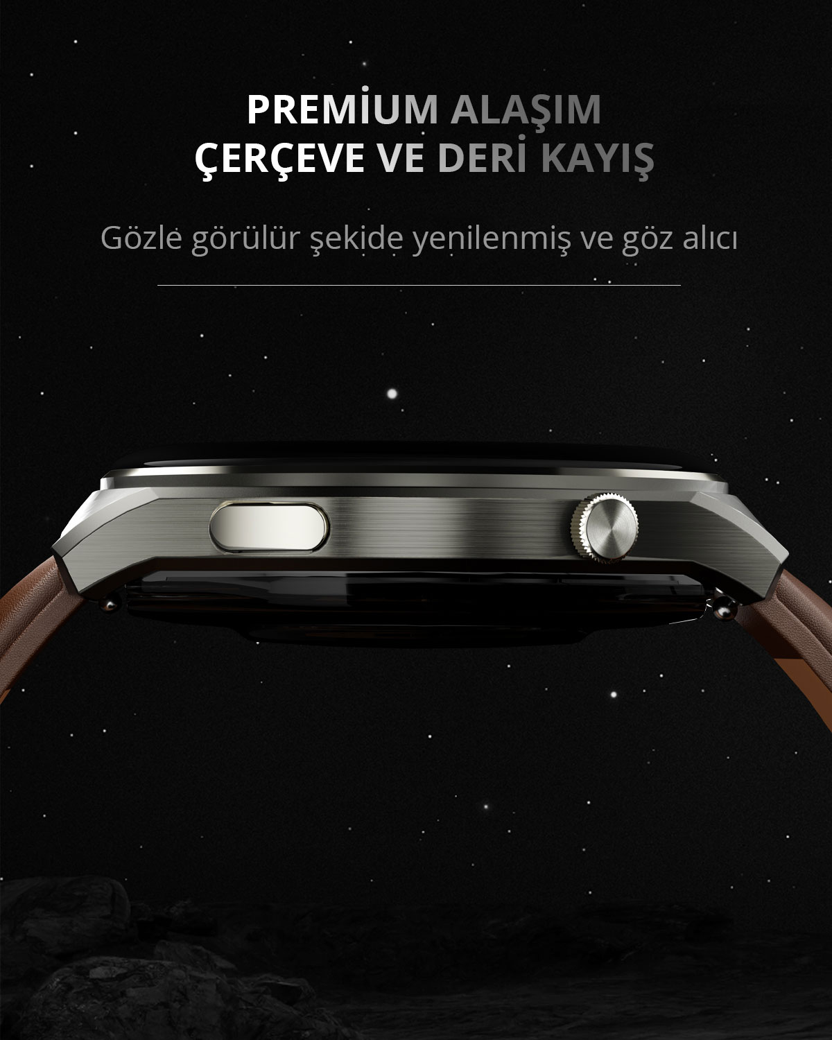 Yıldızlı bir arka plan ve metin önünde metal çerçeveli ve deri kayışlı akıllı saat.