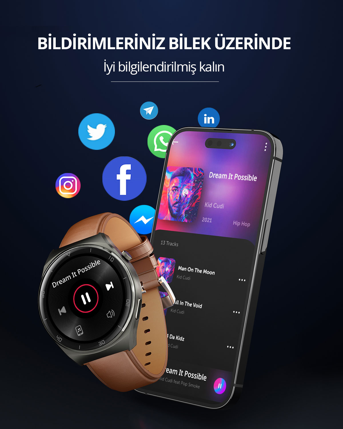 Kahverengi deri kayışlı akıllı saat ve akıllı telefon, mavi arka planda müzik ve sosyal medya simgeleri gösteriyor.