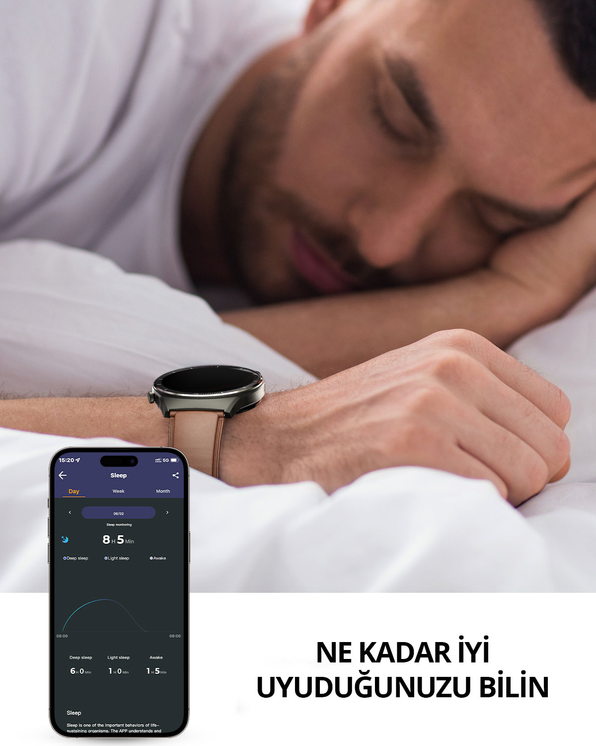 Yatakta uyuyan bir adam kolunda akıllı saat ile dururken, telefon uyku verilerini gösteriyor.