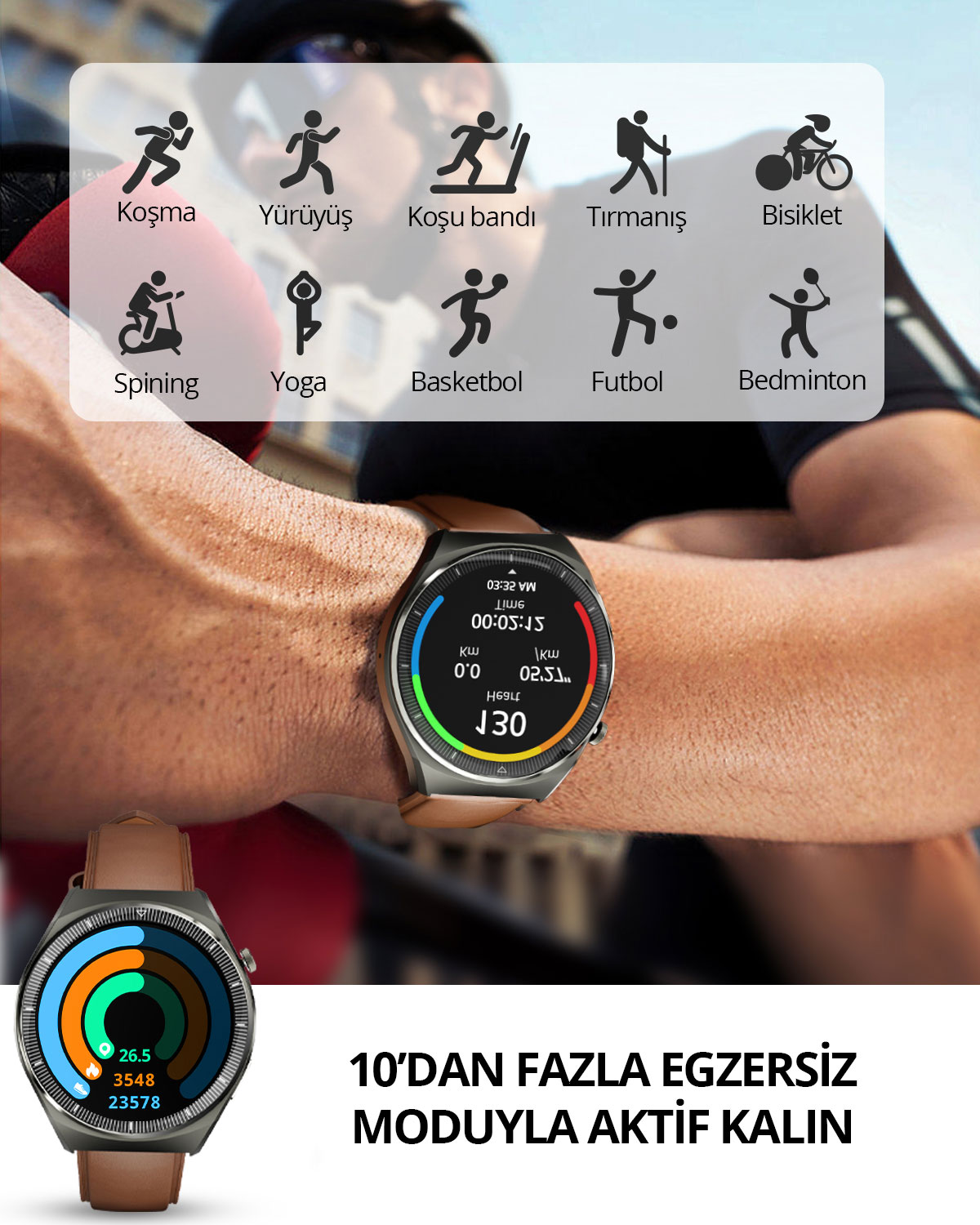 Bilekte spor simgeleri olan akıllı saat ve altta metin.