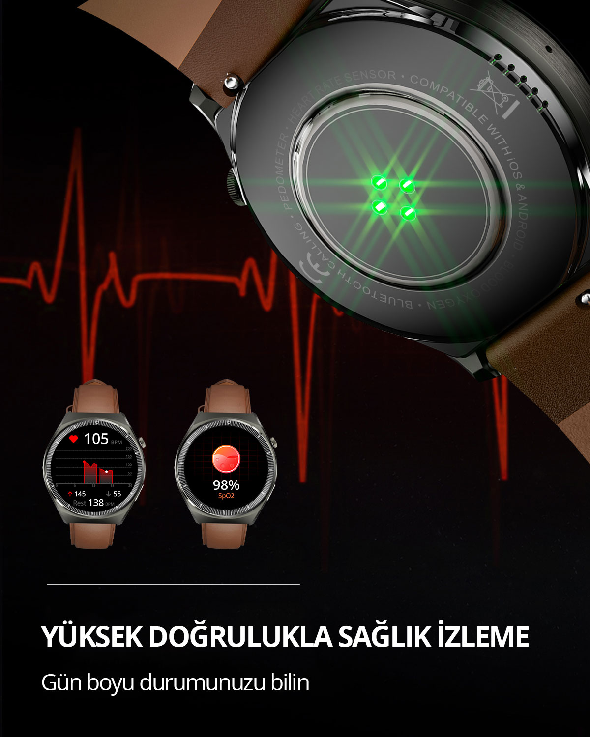 Kırmızı arka plan üzerinde yeşil sensör ışığı ve nabız ölçer gösteren akıllı saat.