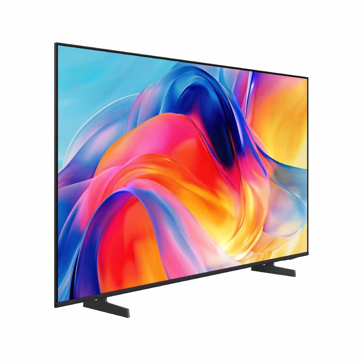 Un televisor moderno con marco negro delgado muestra un fondo abstracto colorido y vibrante sobre un fondo blanco.