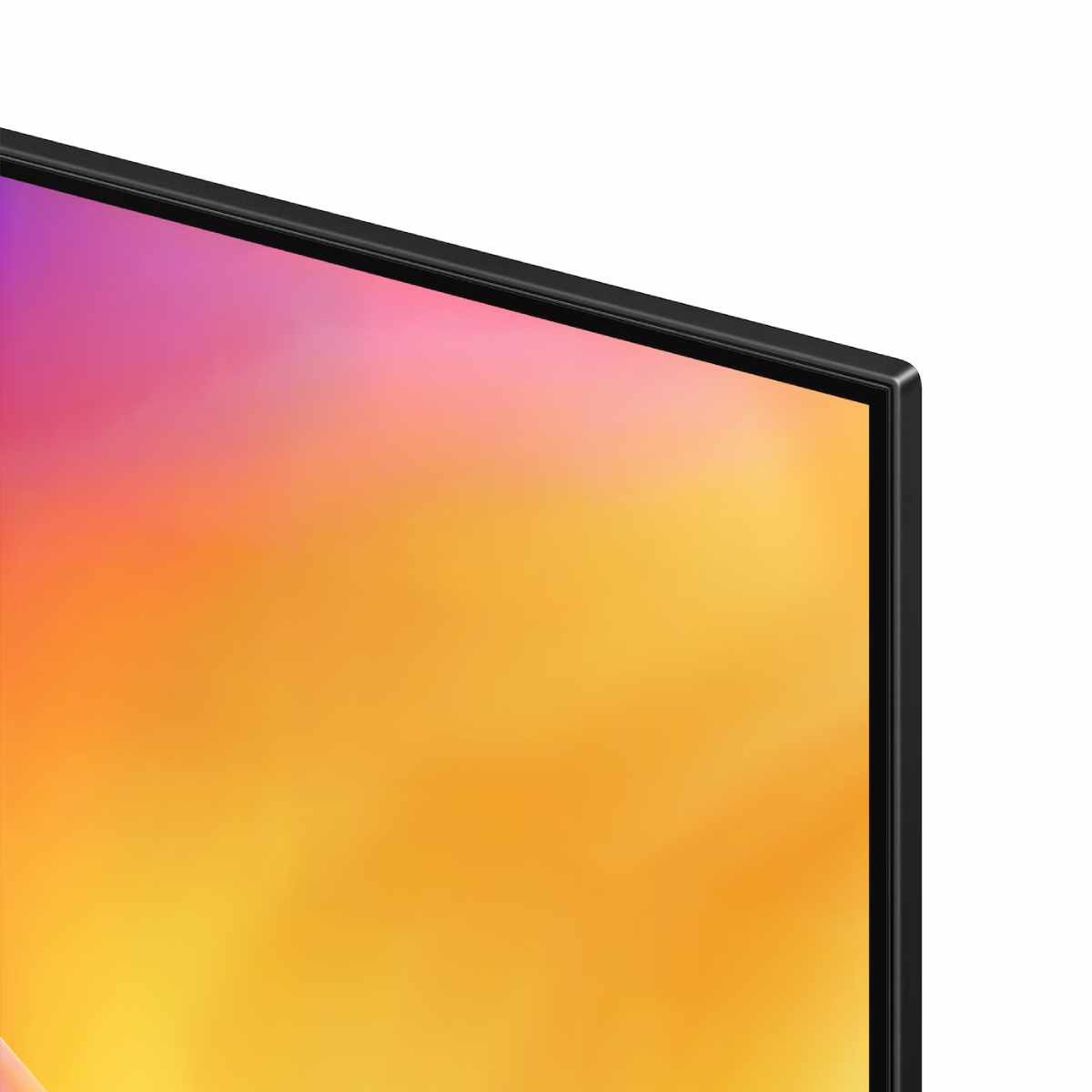 Primer plano de la esquina superior derecha de un televisor con marco negro y pantalla colorida.