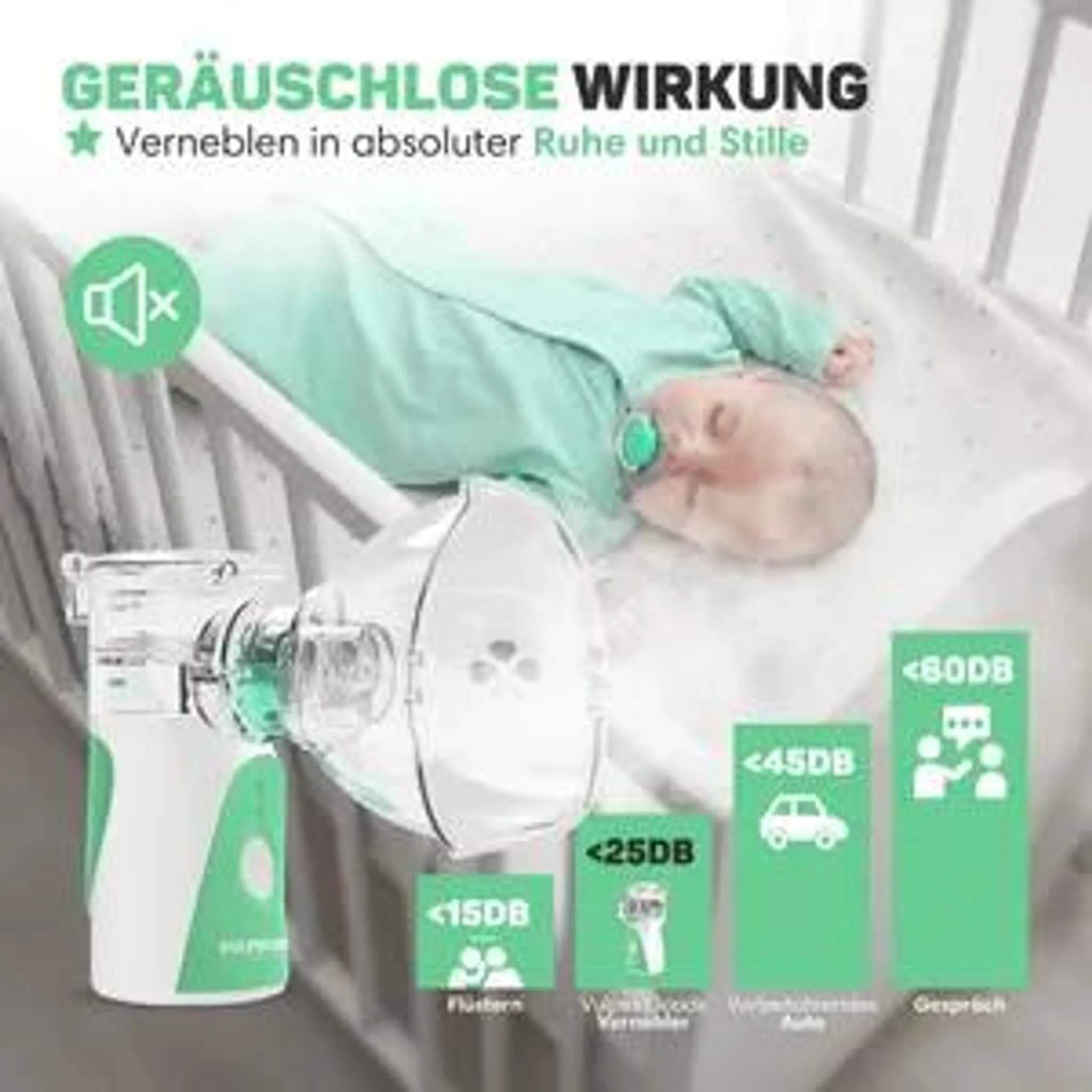 Ein tragbarer Vernebler liegt vor einem Baby im Bettchen mit dem Text Geräuschlose Wirkung.