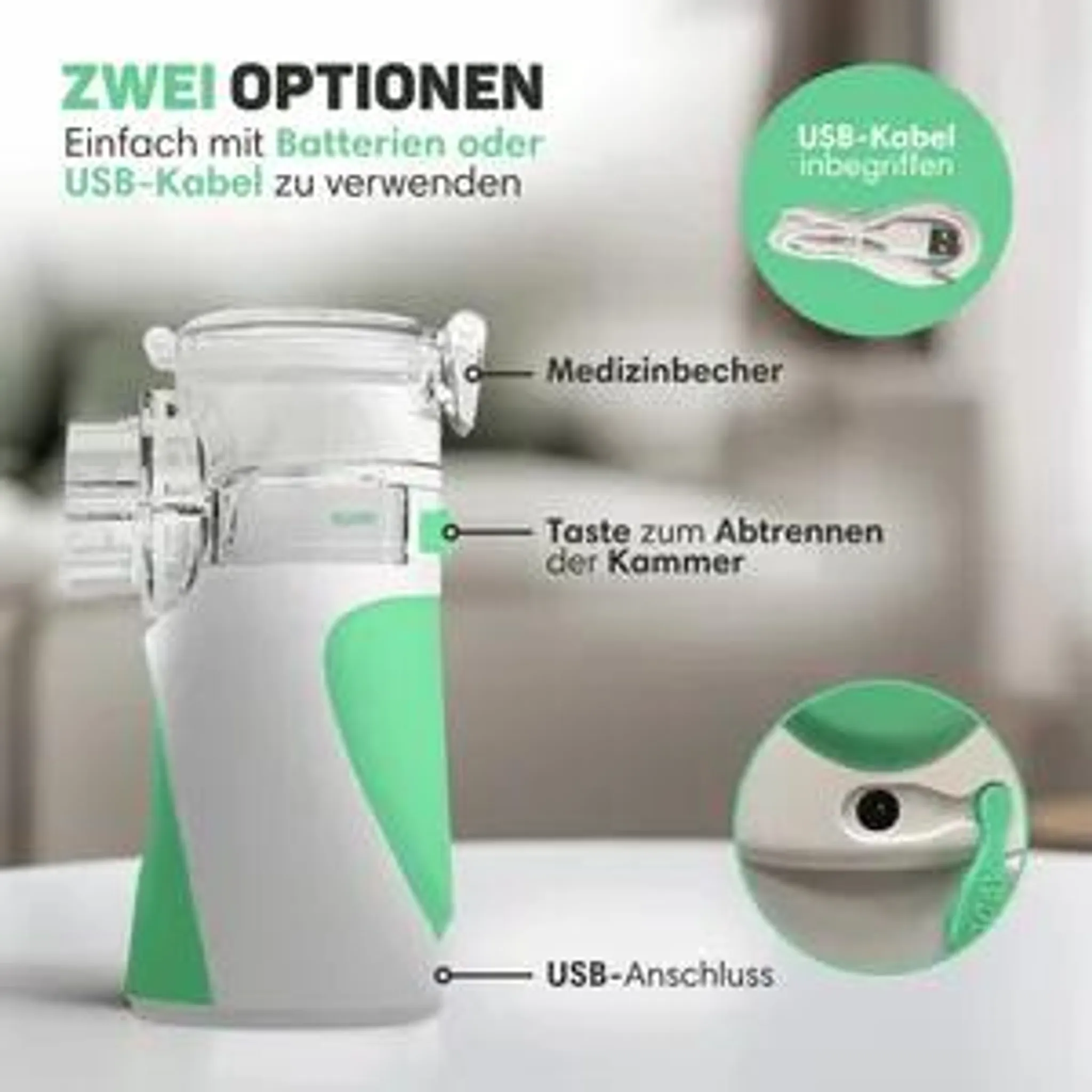 Ein weiß-grüner Inhalator mit Beschriftungen zu Medizinbecher, Taste und USB-Anschluss.