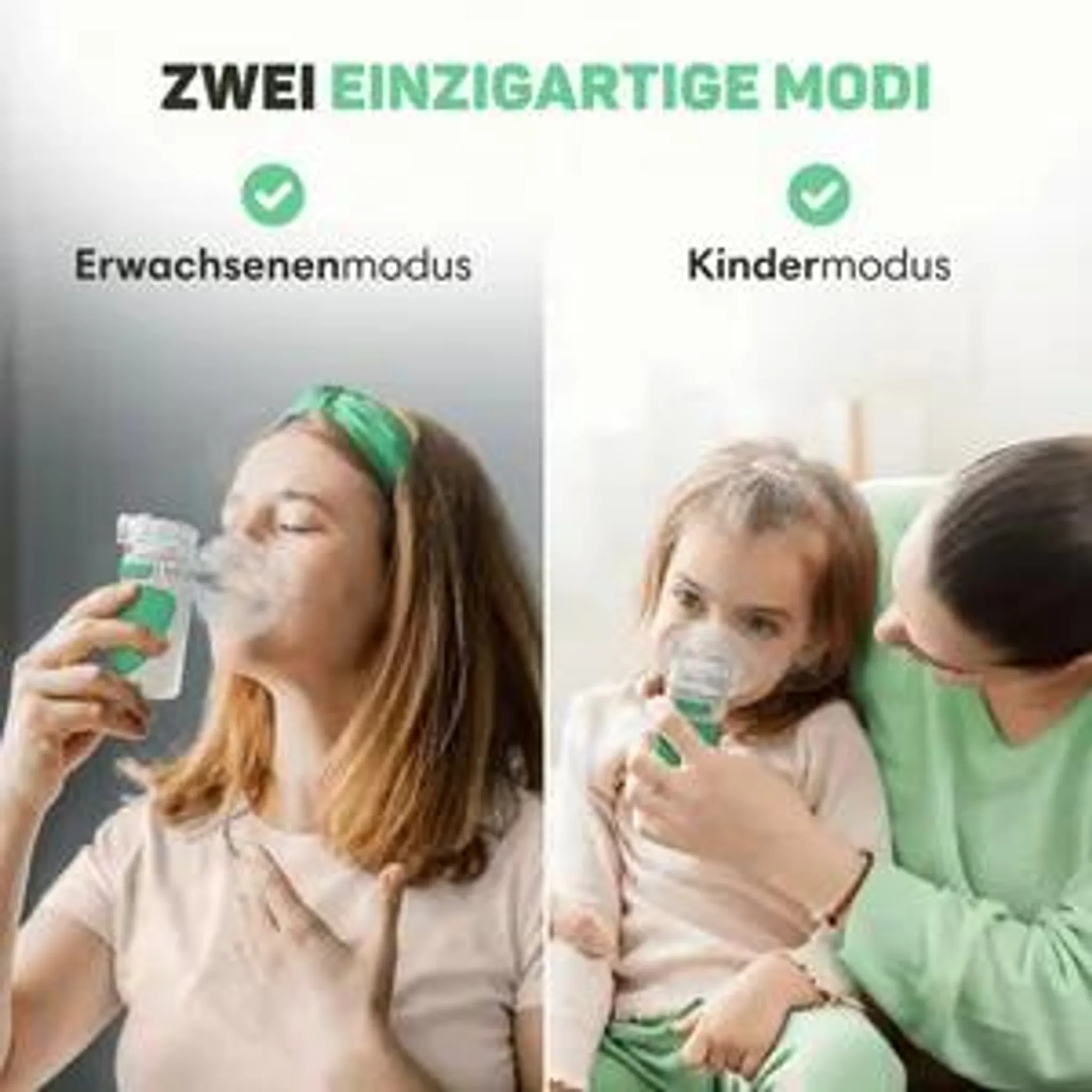 Vergleich zweier Modi: Eine erwachsene Frau und ein Kind nutzen jeweils einen Inhalator mit Maske.