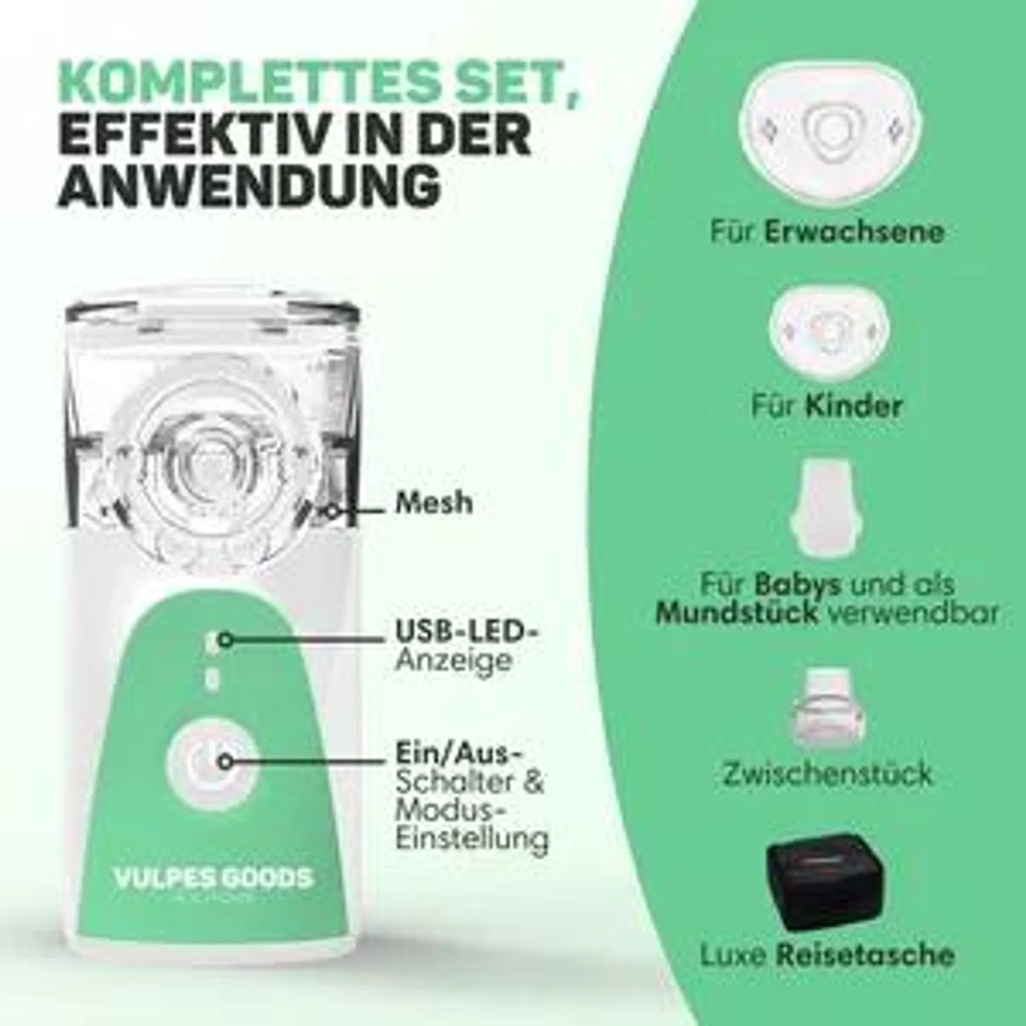 Mesh-Inhalator mit Zubehör für Erwachsene, Kinder und Babys, inklusive Tragetasche.