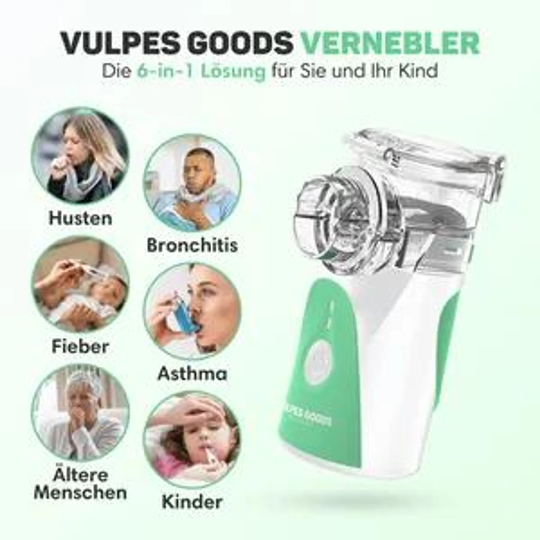 Ein weiß-grünes Vernebler-Gerät neben sechs runden Gesundheits- und Alters-Symbolen.