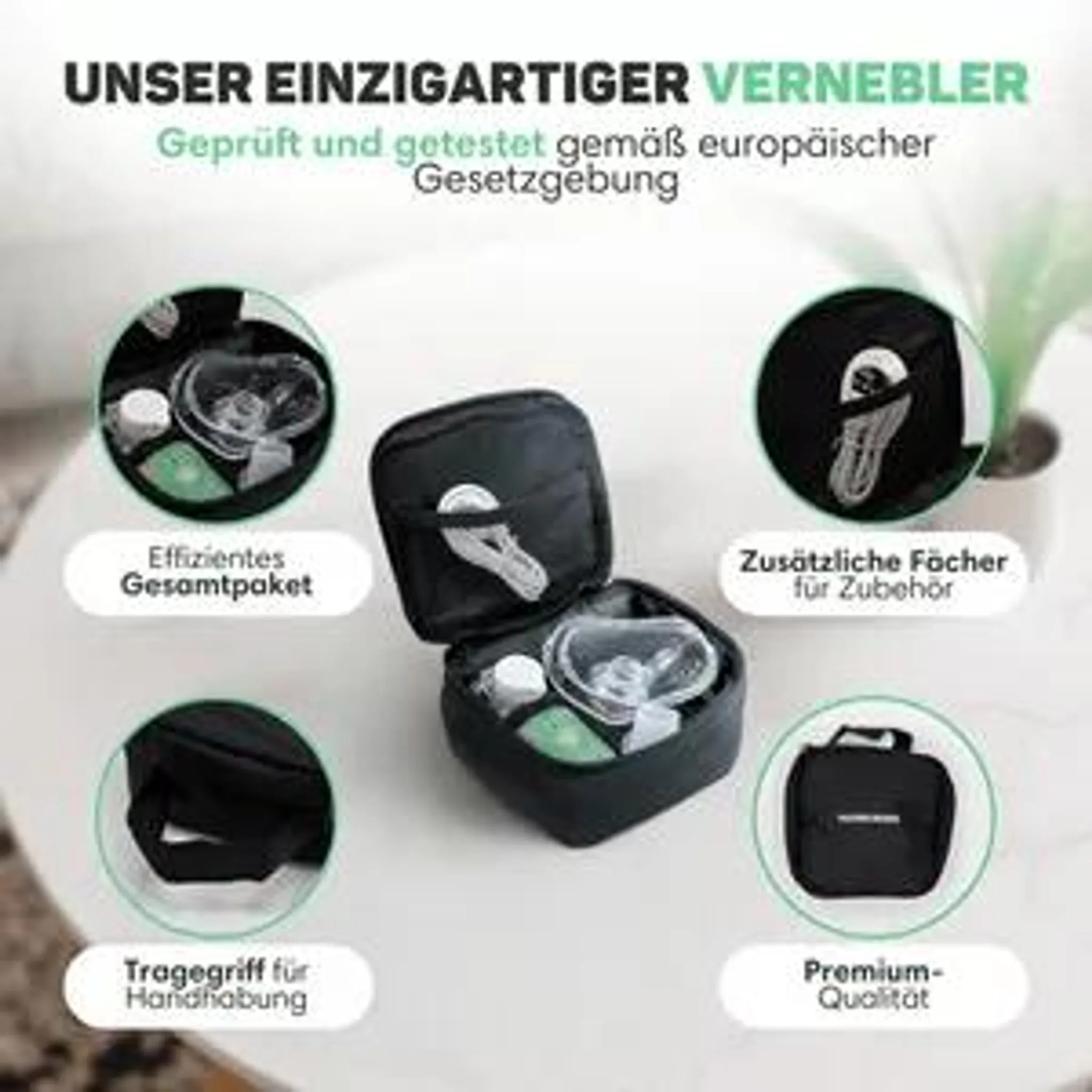 Eine offene schwarze Tasche mit medizinischem Zubehör, umgeben von vier kreisförmigen Highlights.