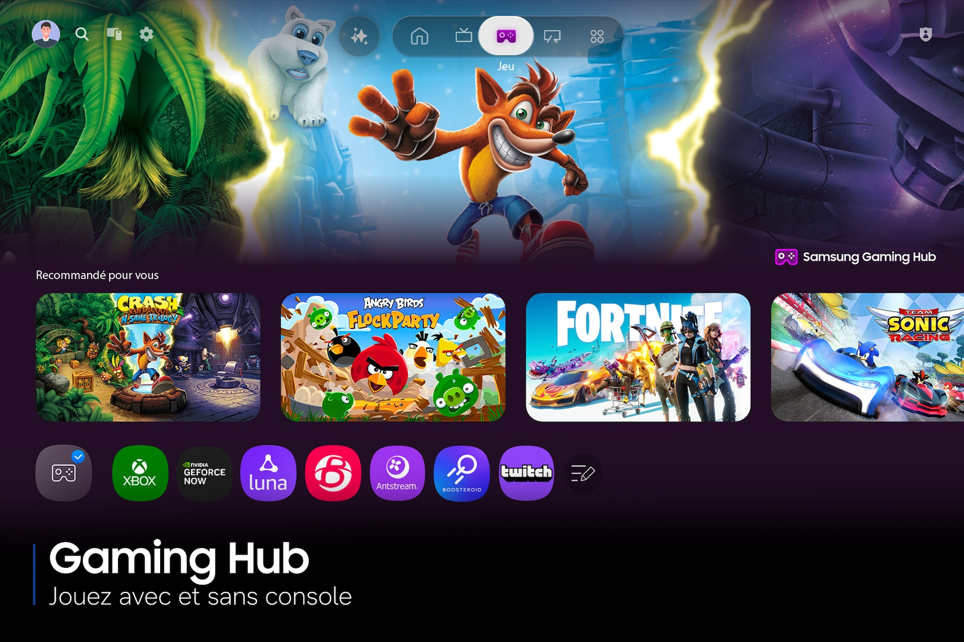 Interfaz de Samsung Gaming Hub con opciones de juegos como Crash Bandicoot, Angry Birds, Fortnite y Sonic.