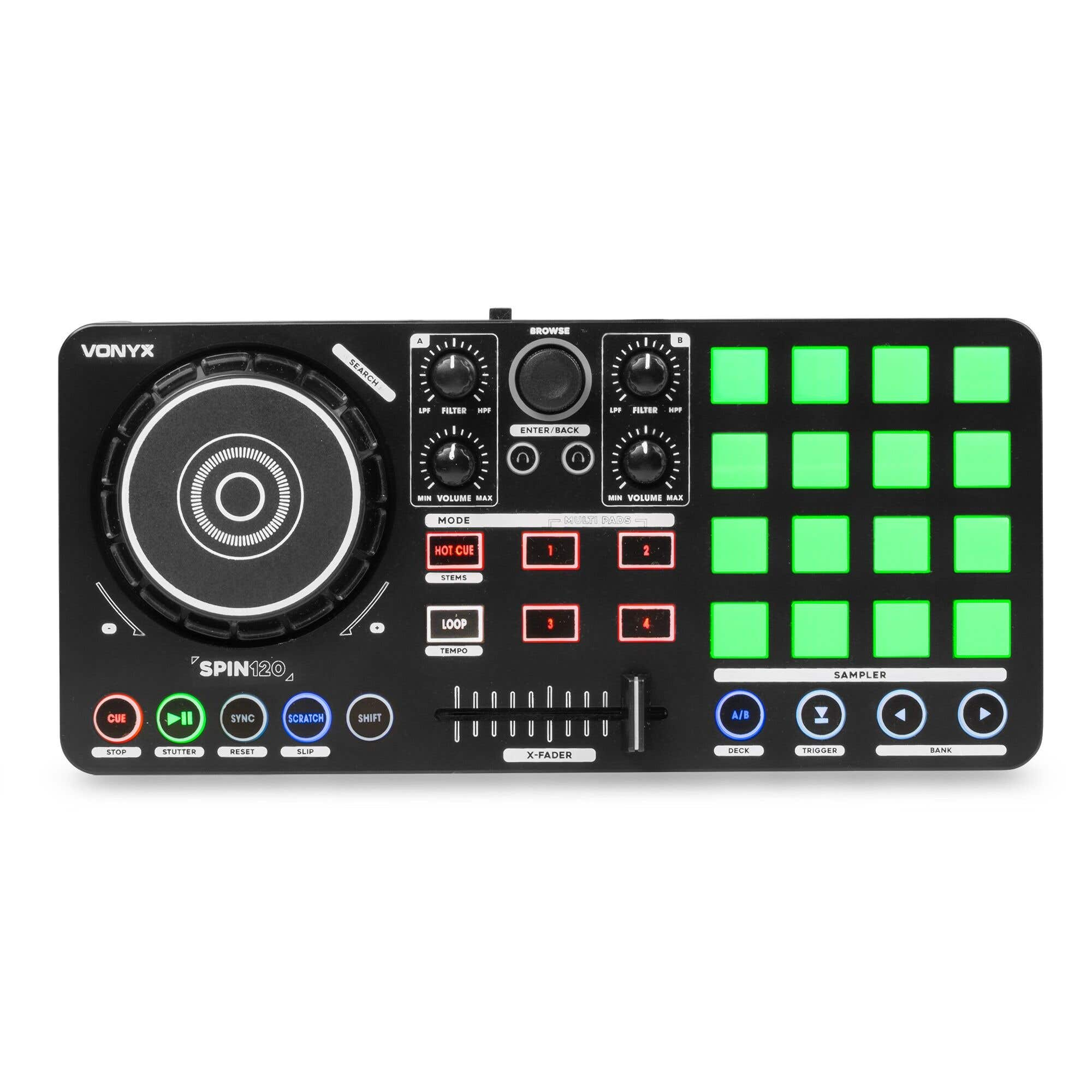 Schwarzer DJ-Controller Vonyx SPIN120 mit Jogwheel, Forschungsreglern und beleuchteten grünen und roten Pads.