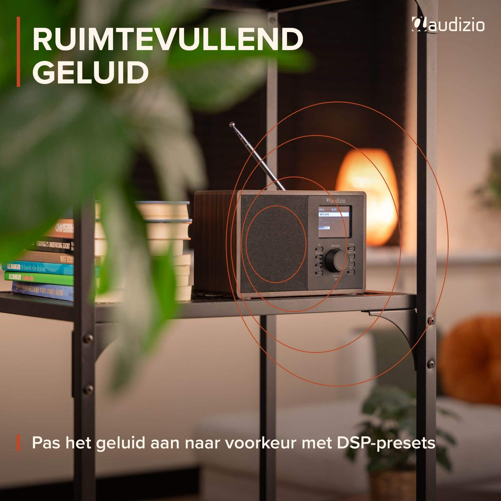 Ein Holzradio auf einem Metallregal mit Schallwellengrafiken.