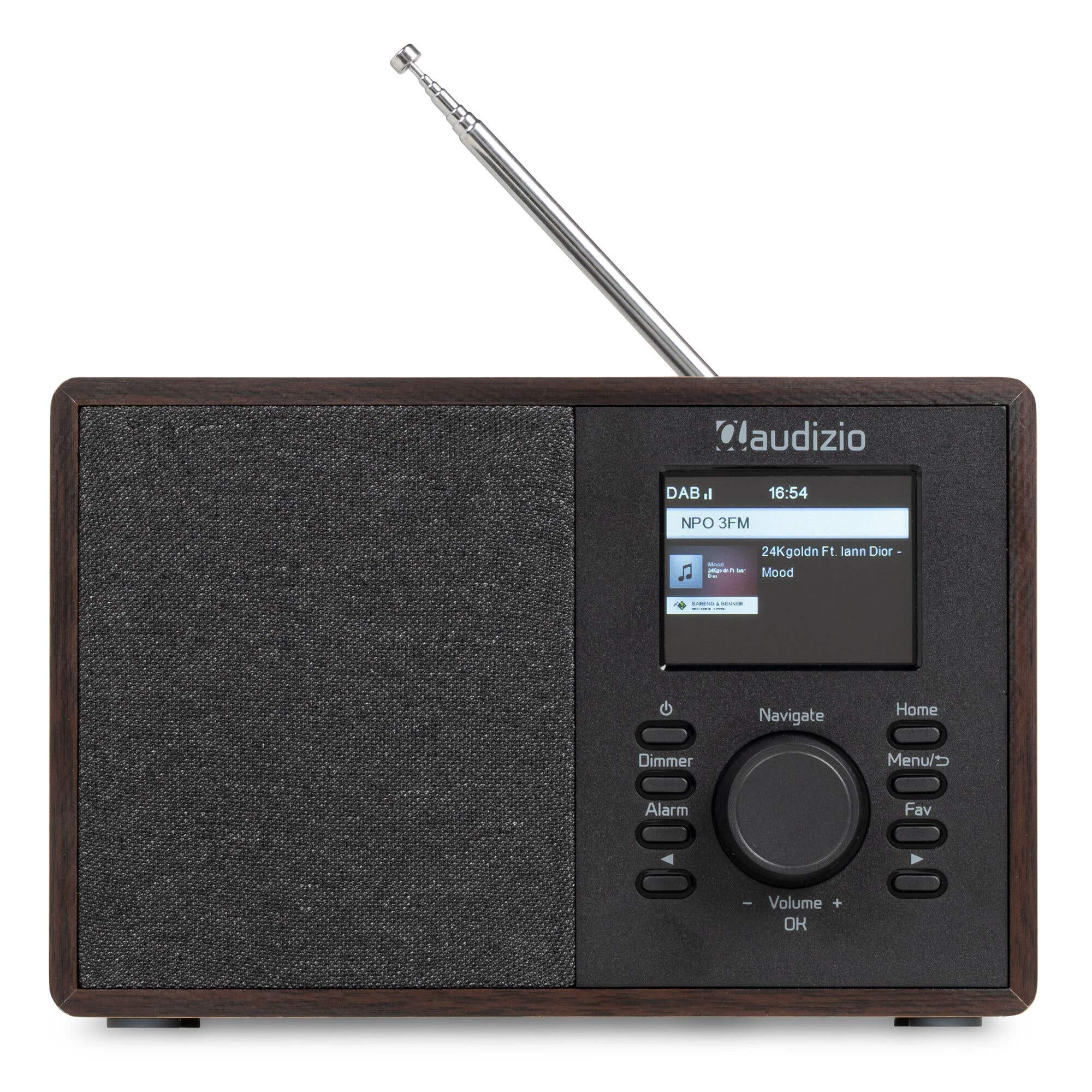 Ein hölzernes Audizio DAB-Radio mit Display, Lautsprechergrill und ausziehbarer Antenne.
