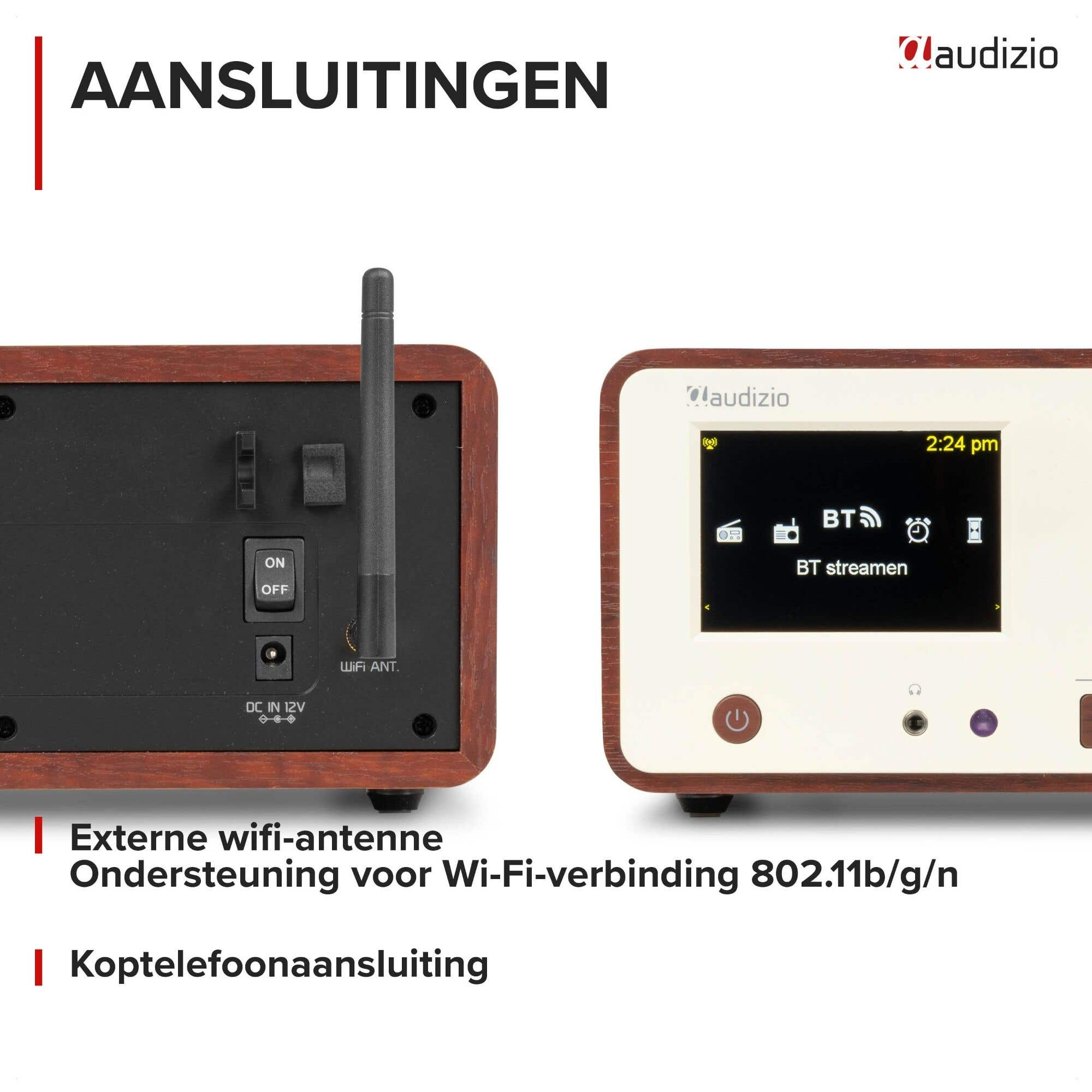 Audizio-Gerät mit WLAN-Antenne, Display, Kopfhöreranschluss und DC-Eingang auf Holzbasis.