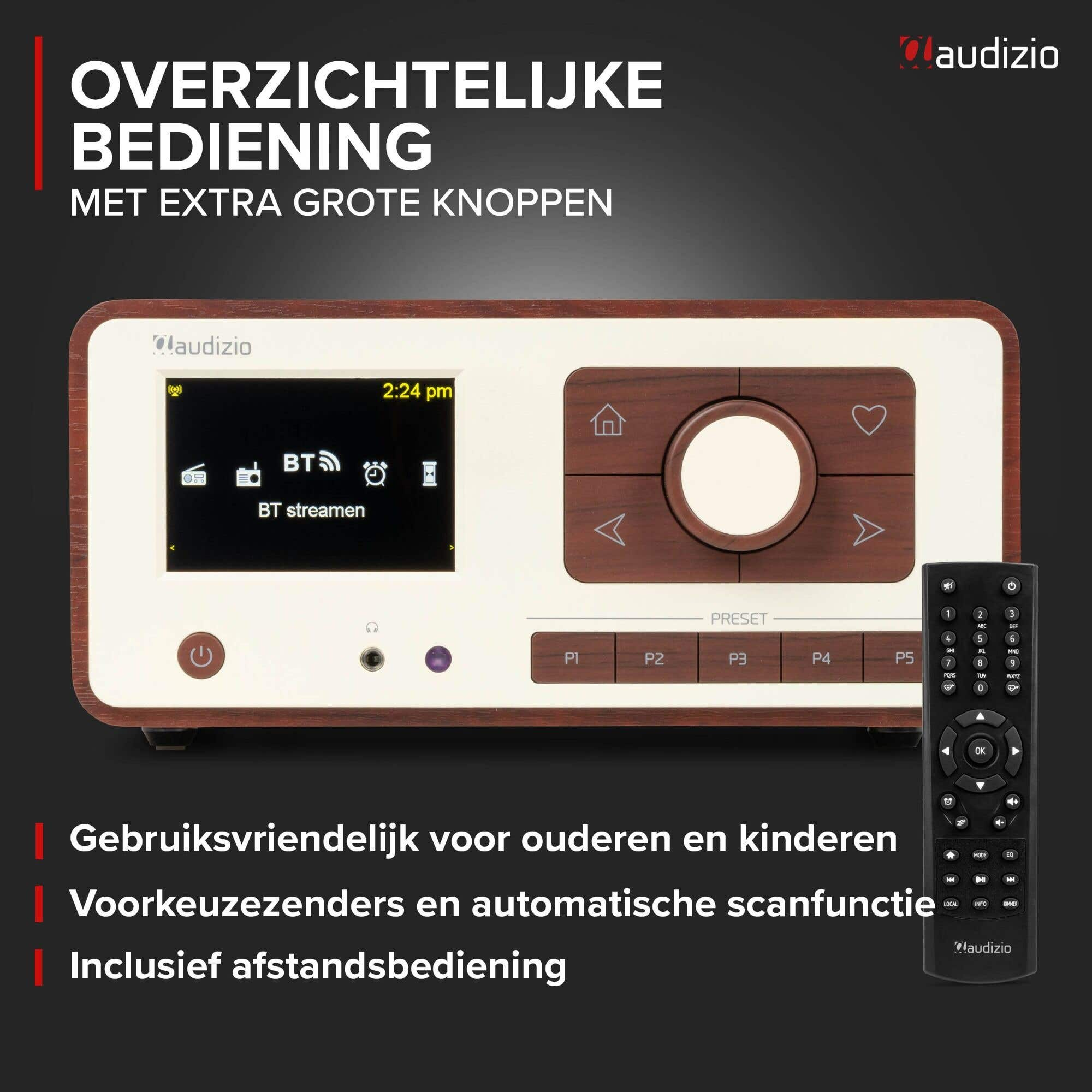 Ein Audizio-Radio mit Digitaldisplay, großen Tasten, Stationstasten und einer Fernbedienung.