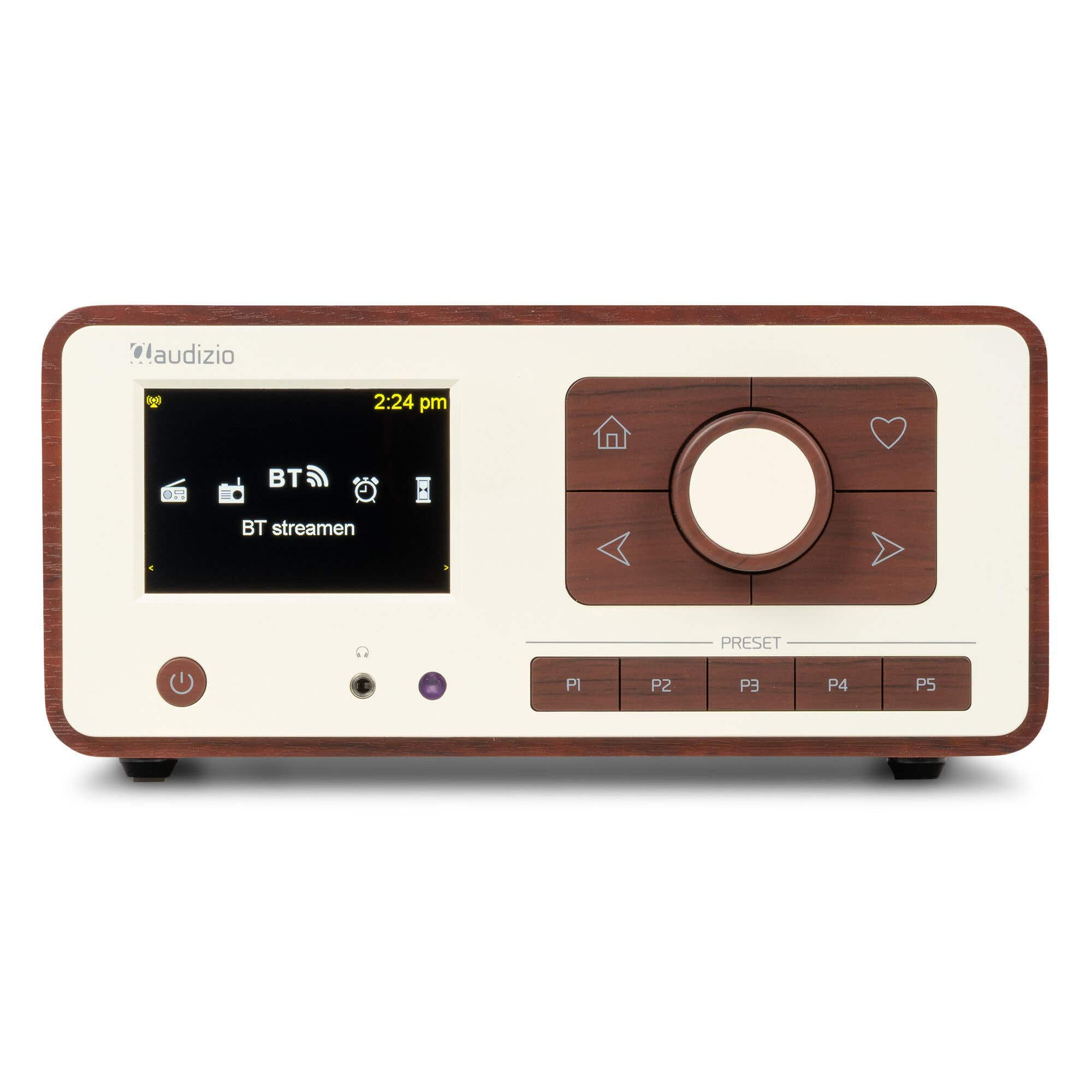 Audizio Radio mit Holzgehäuse, digitalem Display und Steuerungsknöpfen auf weißer Vorderseite.