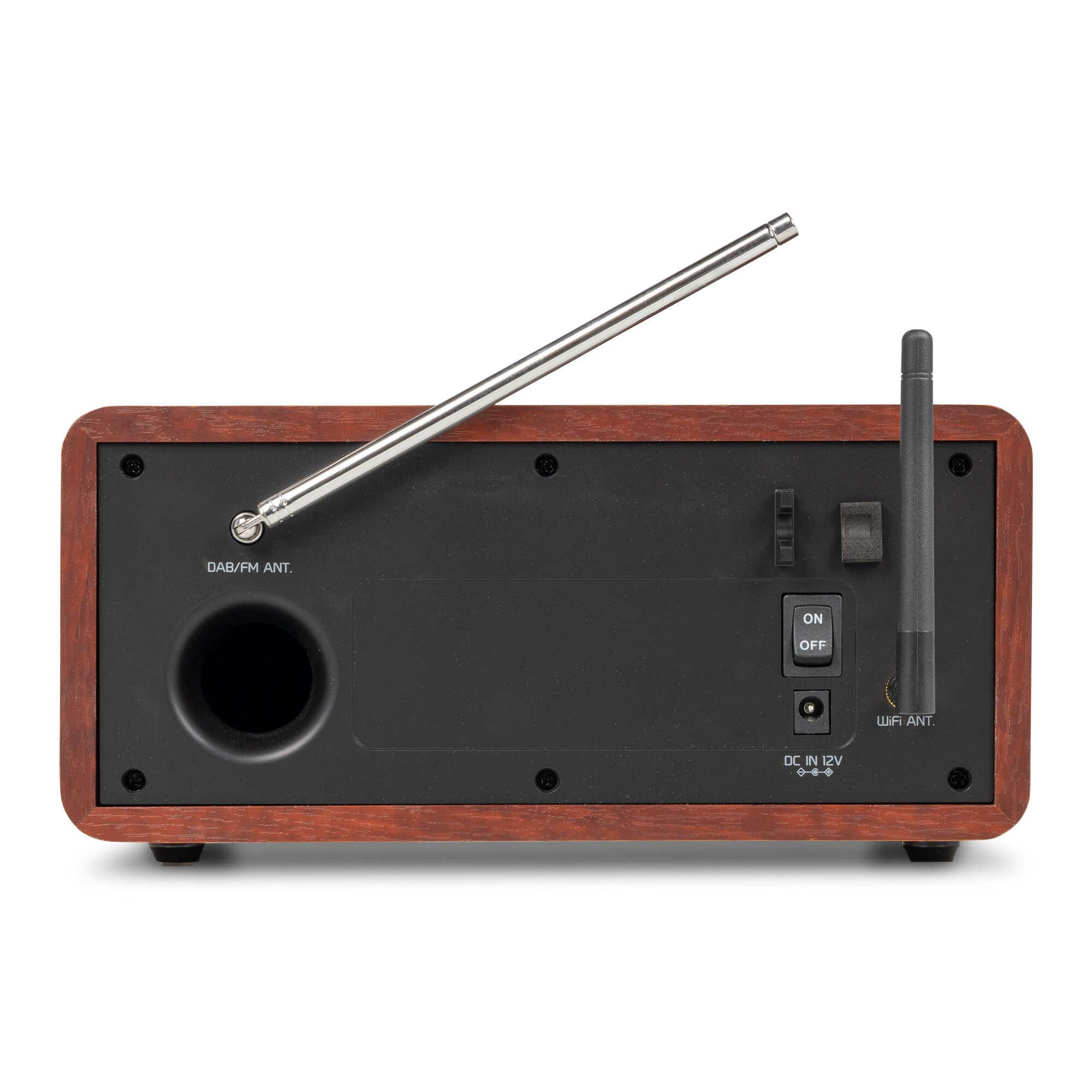 Rückseite eines Holzradios mit ausziehbarer Antenne, WLAN-Antenne, Netzschalter und DC-12V-Anschluss auf schwarzem Panel.