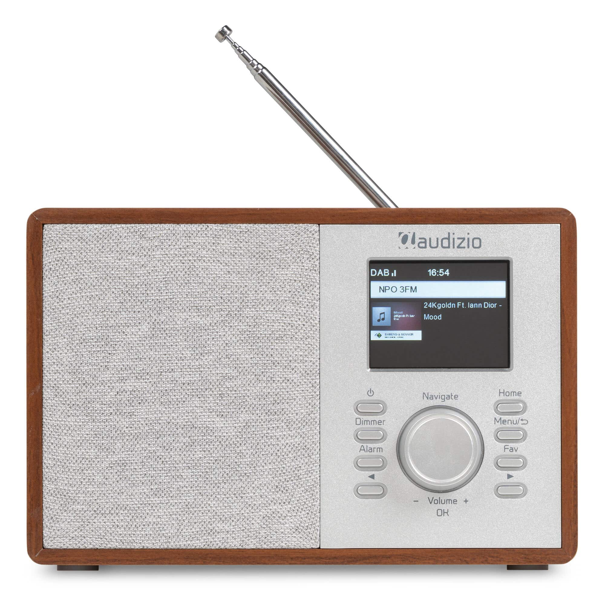 Retro-DAB-Radio mit Holzgehäuse, silberner Front, Display, Lautsprecher und ausziehbarer Antenne.