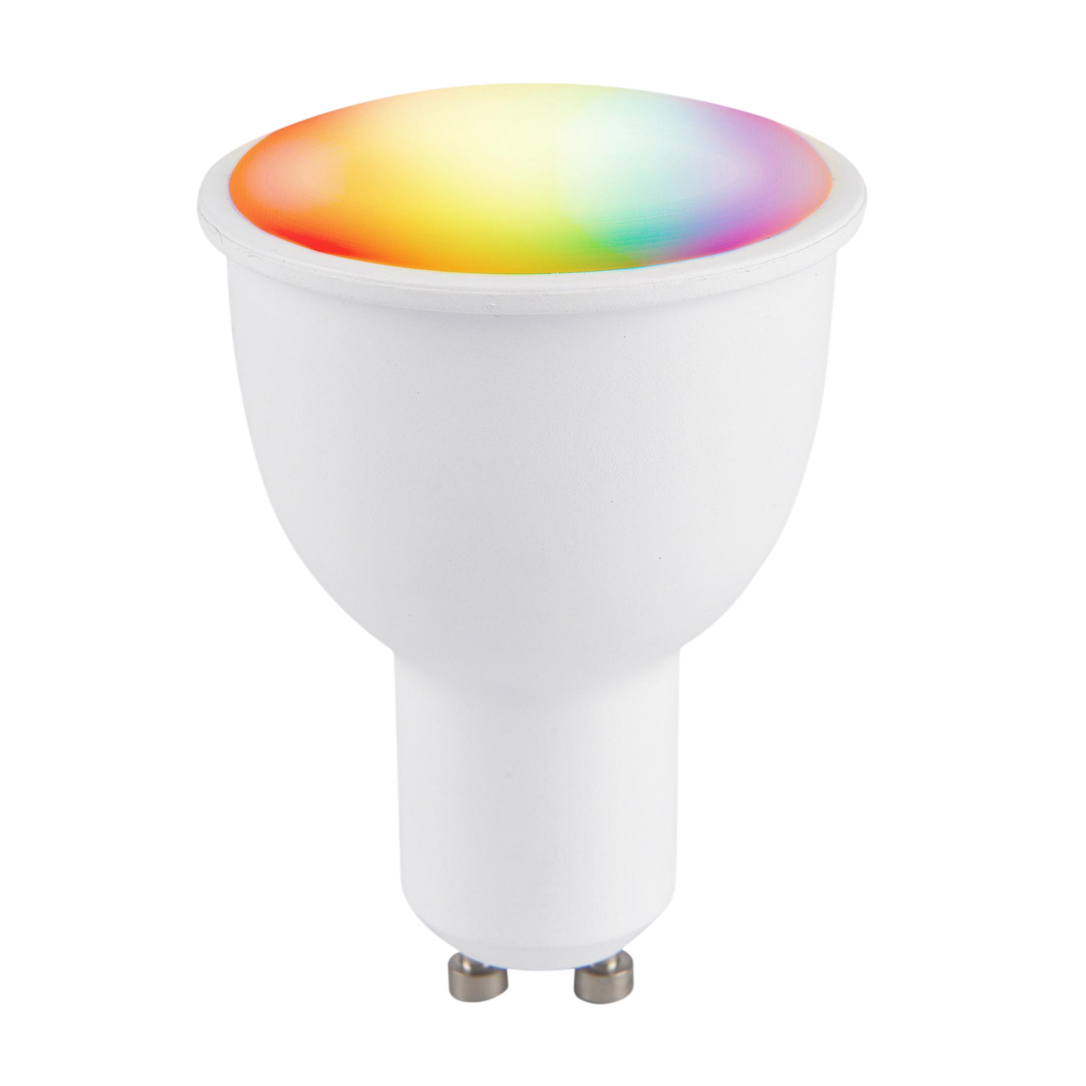 Eine weiße LED-Strahlerlampe mit leuchtender, mehrfarbiger Oberseite vor schwarzem Hintergrund.