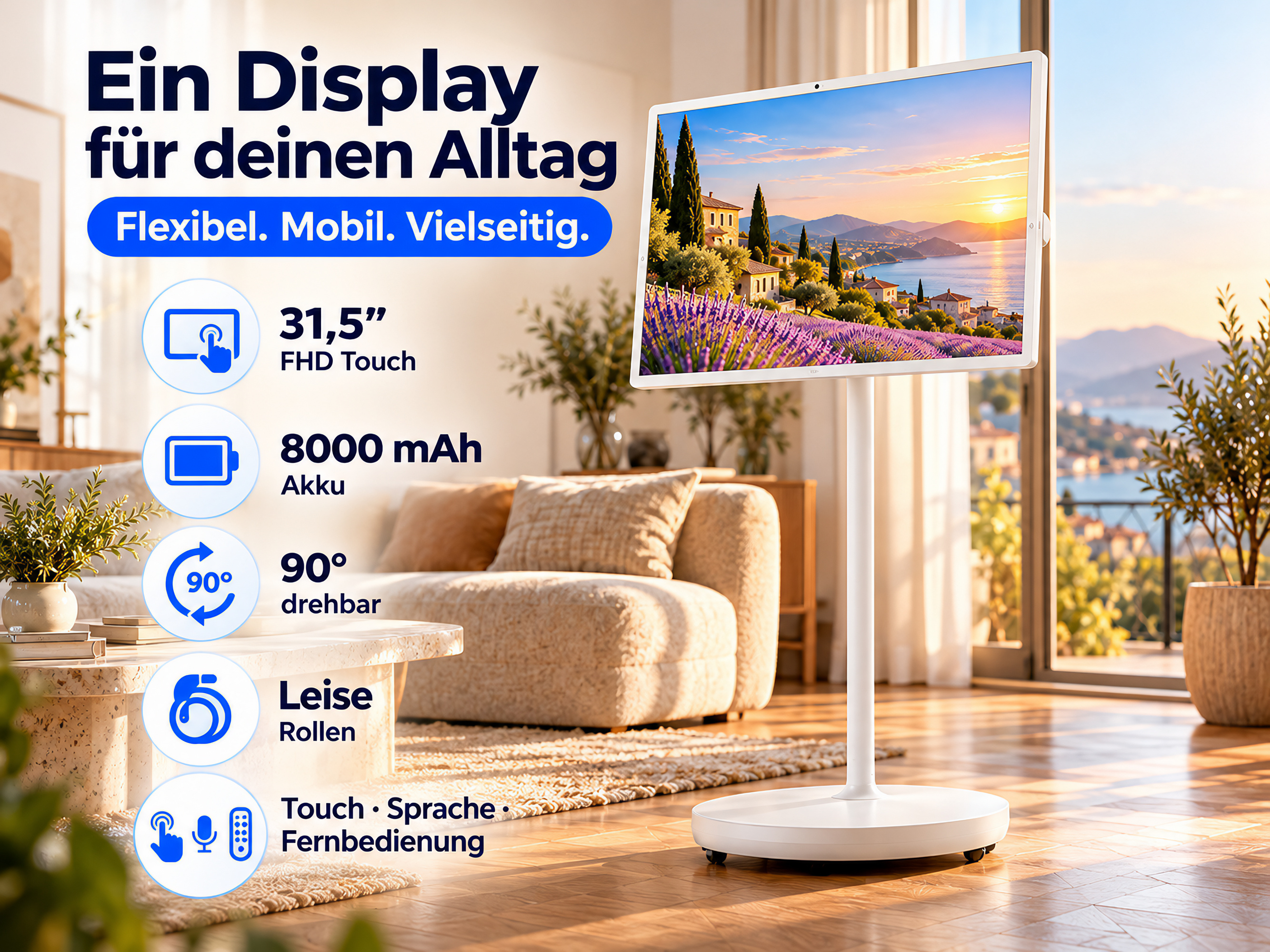 Ein tragbarer Touchscreen-Monitor auf einem Ständer mit Rollen in einem hellen Wohnzimmer mit Text- und Icon-Overlays.
