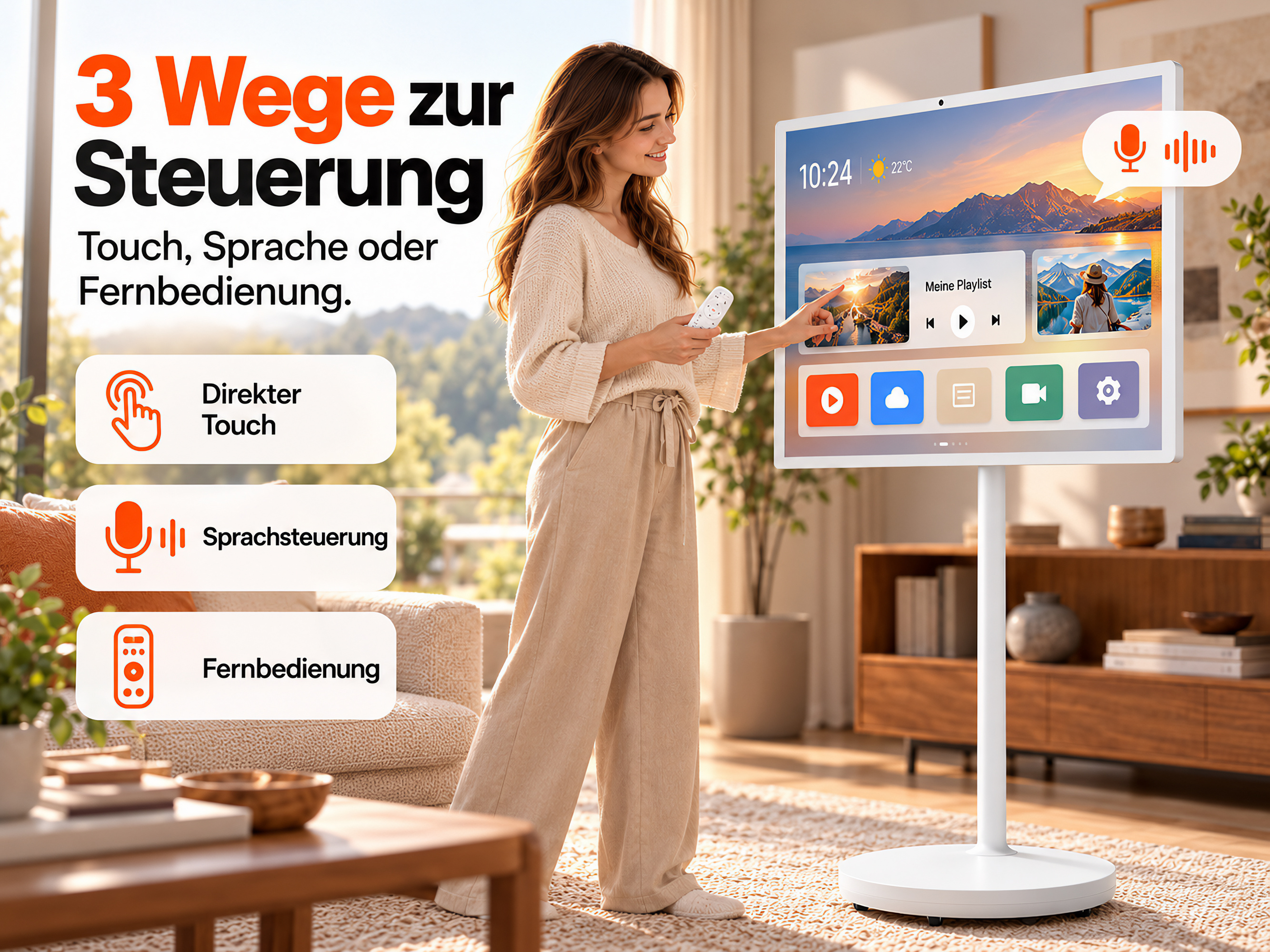 Eine Frau nutzt Touch, Sprache und Fernbedienung für einen Smart-Bildschirm im Wohnzimmer.