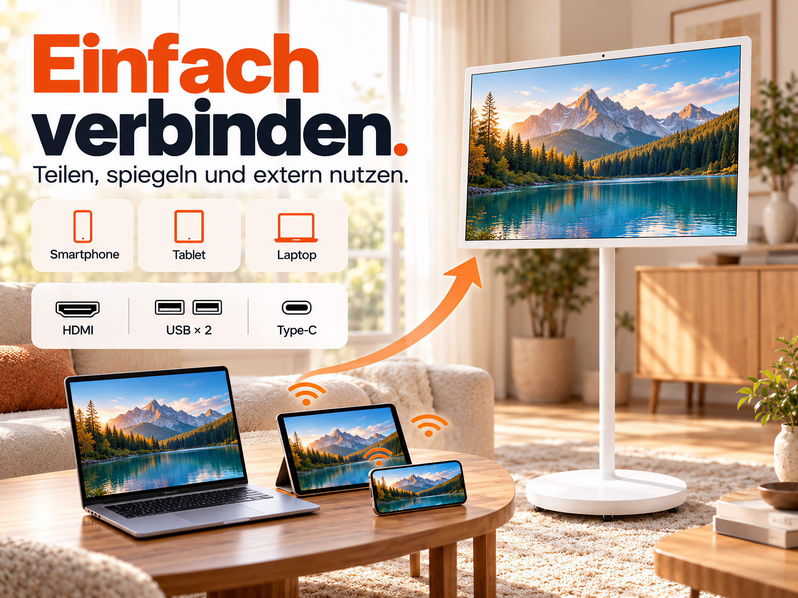 Ein Laptop, Tablet und Smartphone verbinden sich kabellos mit einem mobilen Stand-Bildschirm im Wohnzimmer.