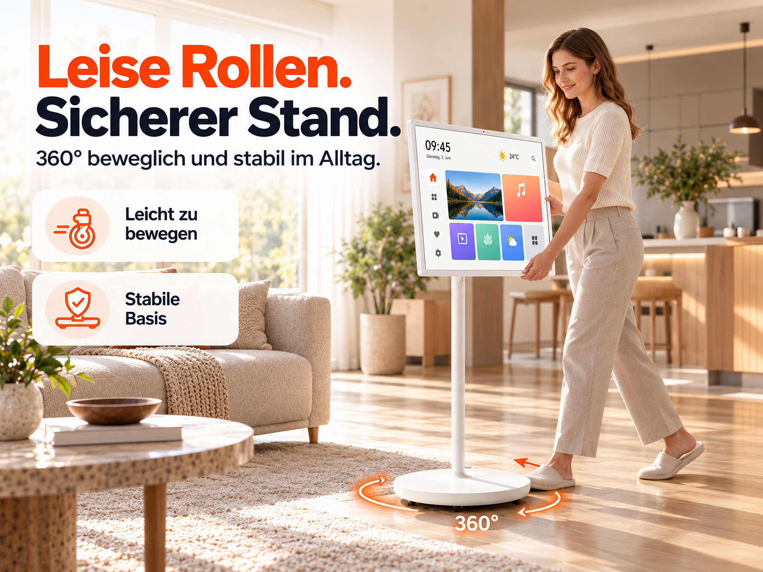 Eine Frau bewegt einen mobilen Touchscreen-Ständer in einem hellen Wohnzimmer.