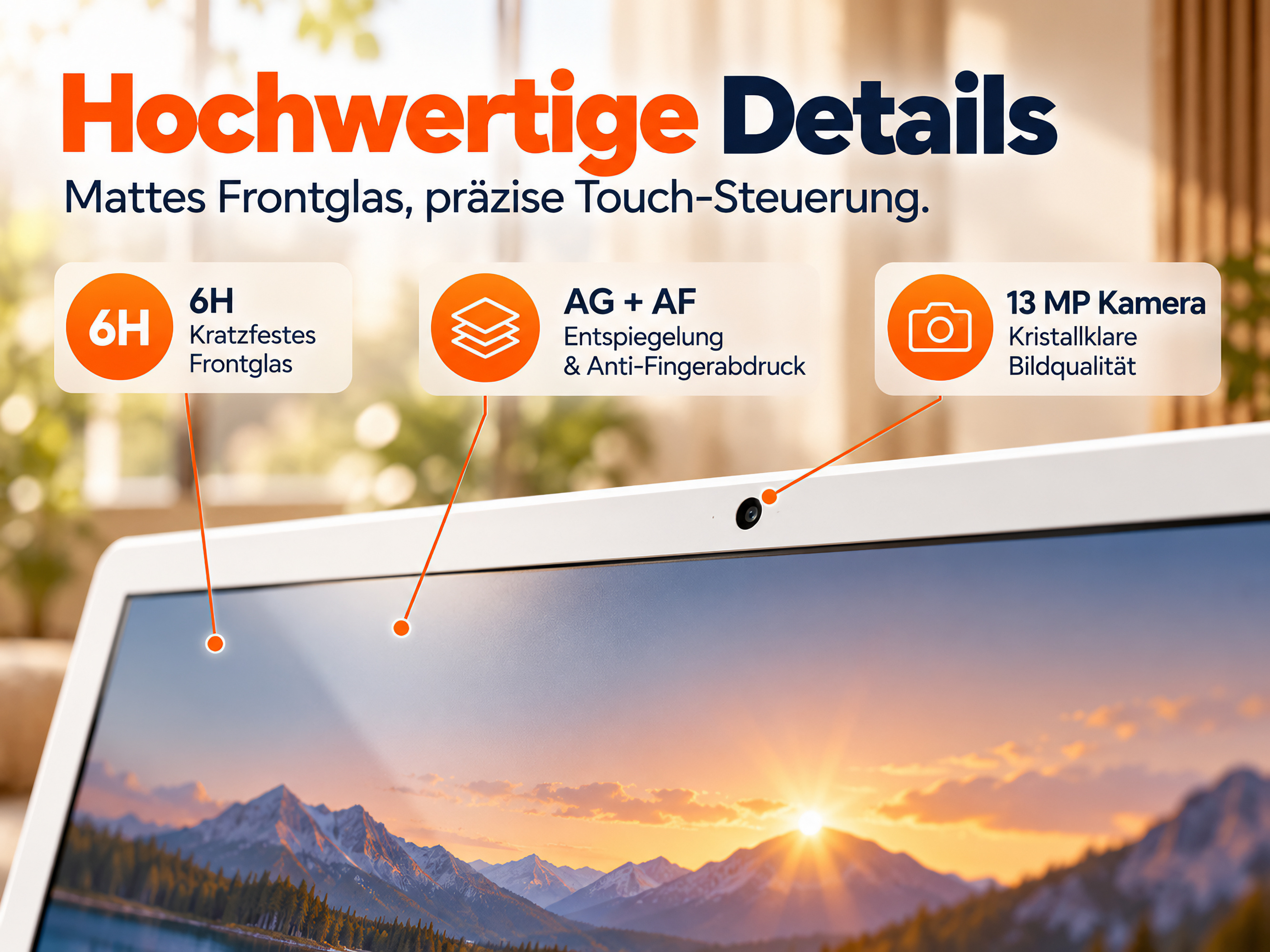 Produktmerkmale auf einem Laptop-Bildschirm mit Berglandschaft und deutschem Text.