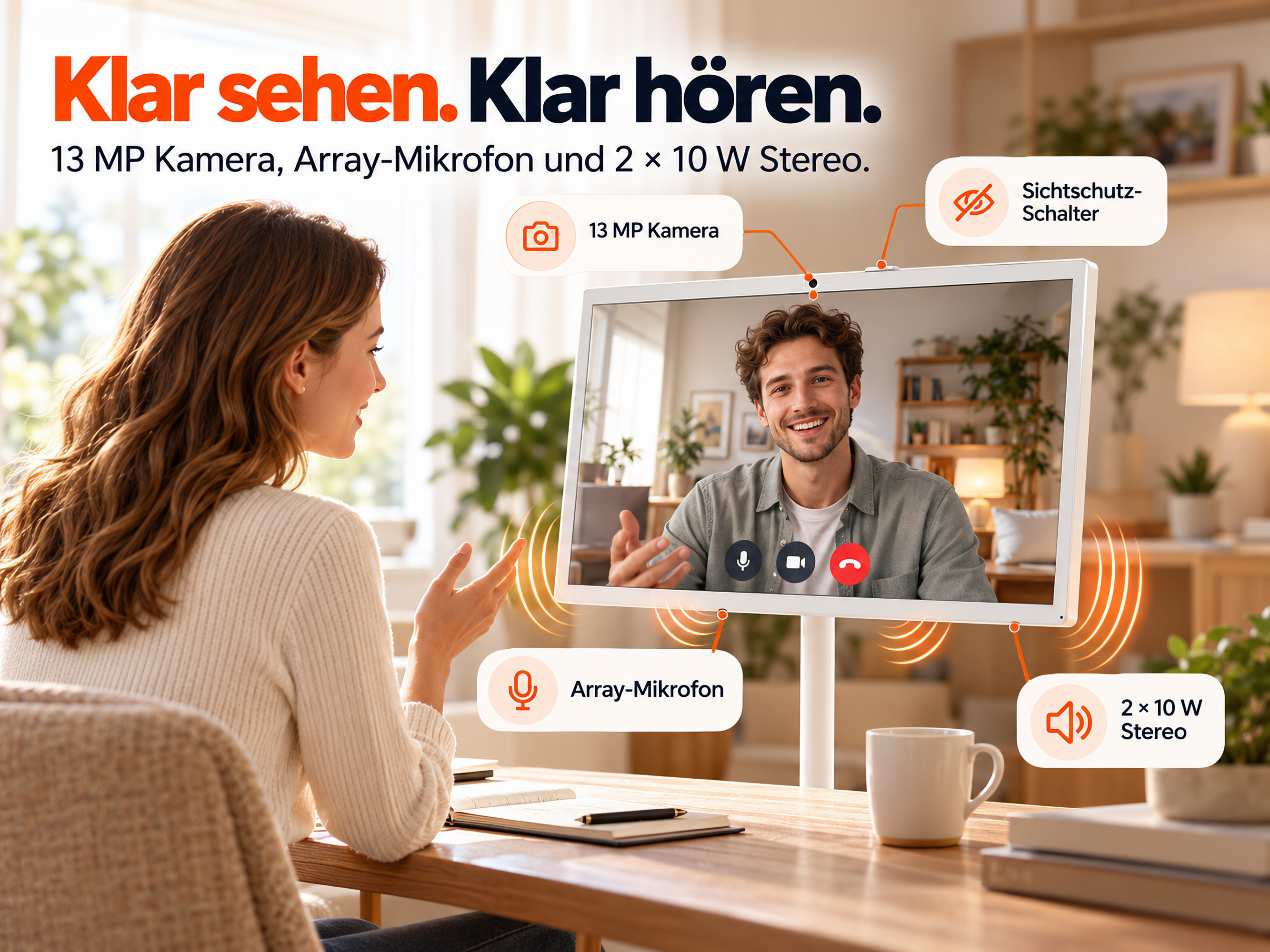Eine Frau führt einen Videoanruf auf einem All-in-One-PC mit Kamera und Lautsprechern.