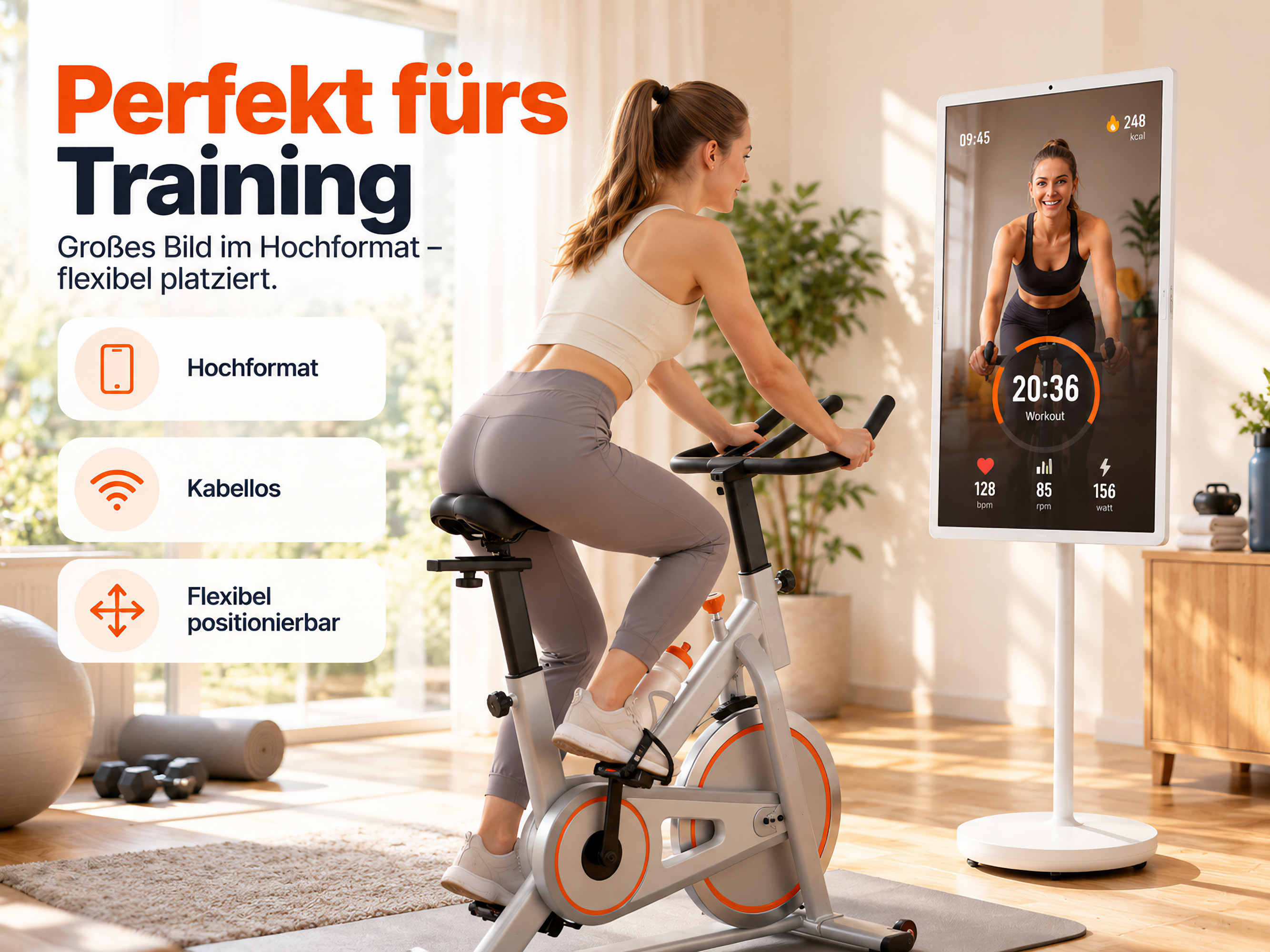 Eine Frau trainiert auf einem Heimtrainer vor einem großen vertikalen Bildschirm mit Fitnessdaten.