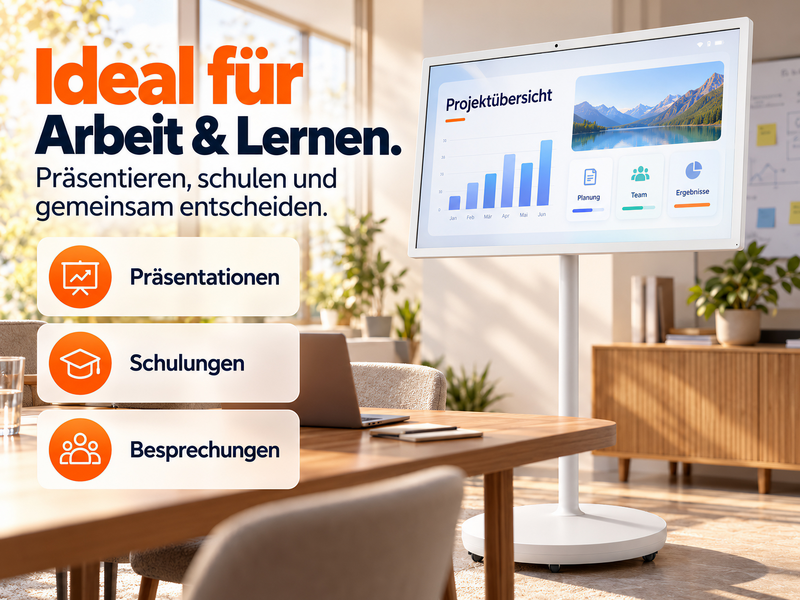 Mobiler Bildschirm in hellem Raum mit Präsentationsgrafiken, Text und drei Feature-Kacheln.