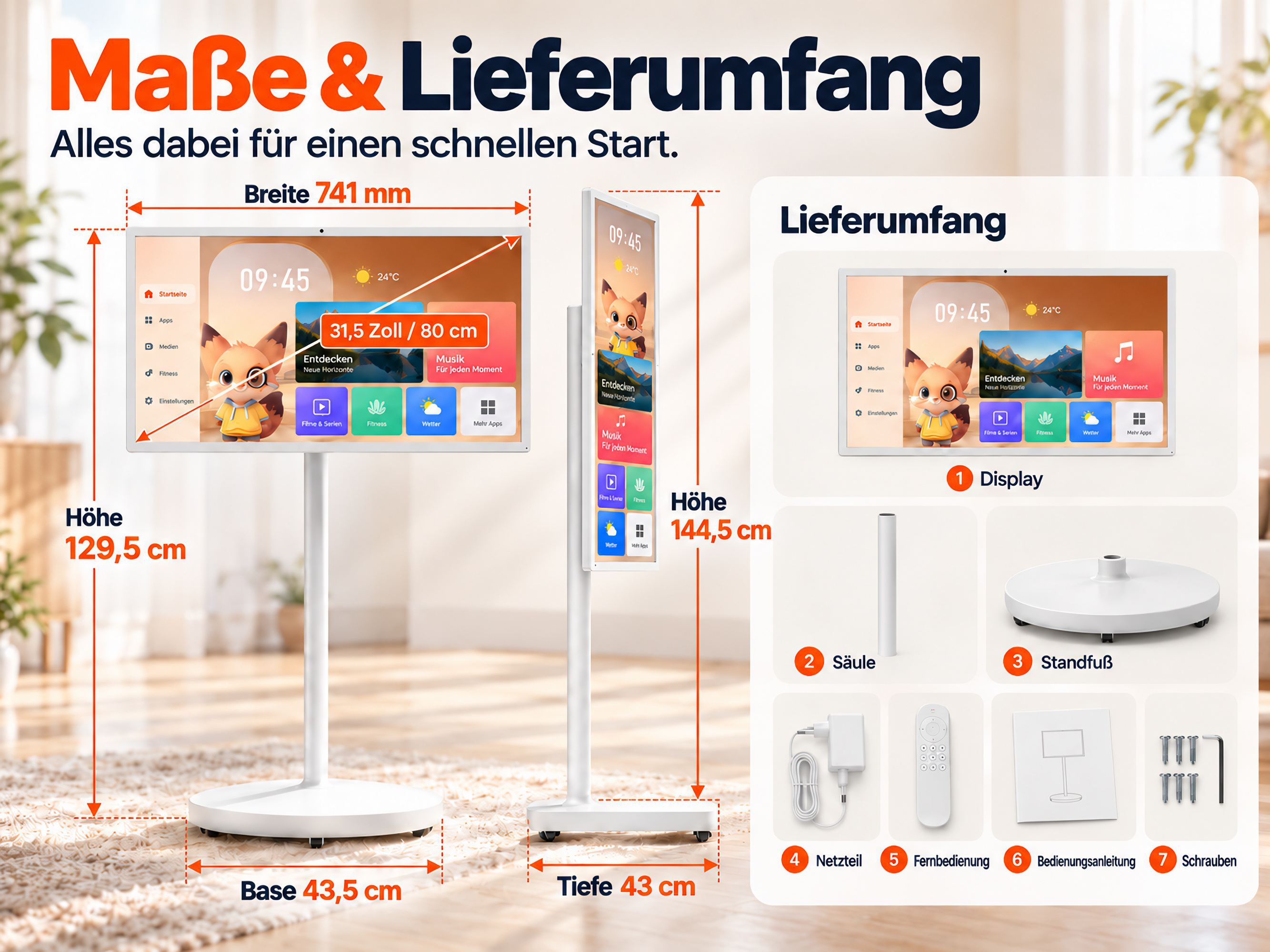 Infografik zeigt Maße und Lieferumfang eines mobilen weißen Smart-Screens mit Zubehör.