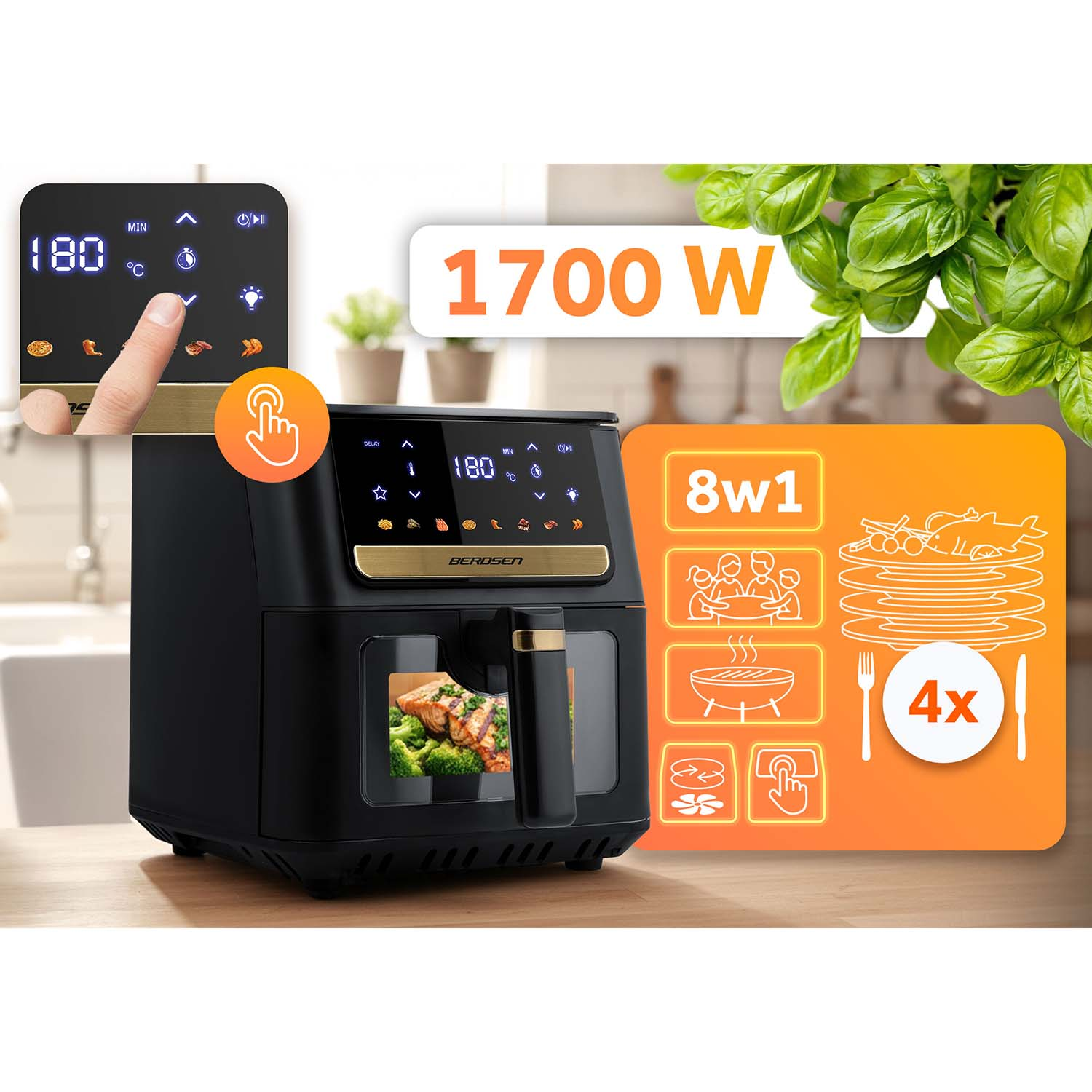 Czarna frytkownica beztłuszczowa z cyfrowym wyświetlтелем i ikonami funkcji oraz mocy 1700W.