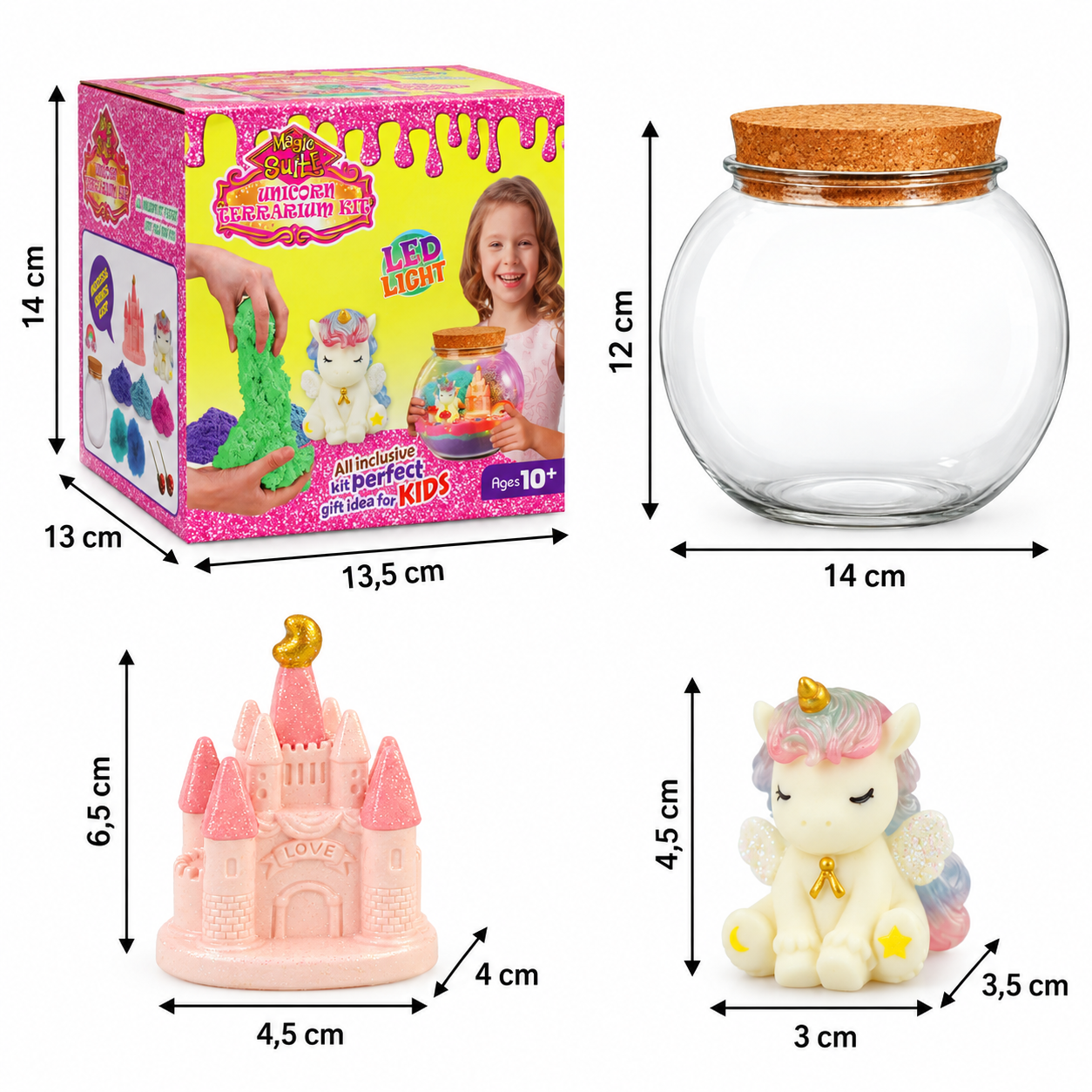 Zestaw do terrarium z jednorożcem z pudełkiem, słoikiem, zamkiem i figurką, z wymiarami.