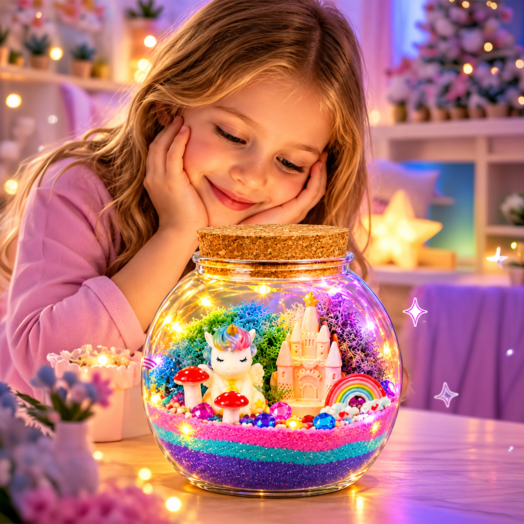 Młoda dziewczynka uśmiecha się, patrząc na świecące terrarium z bajkowym ogrodem, jednorożcem i zamkiem.