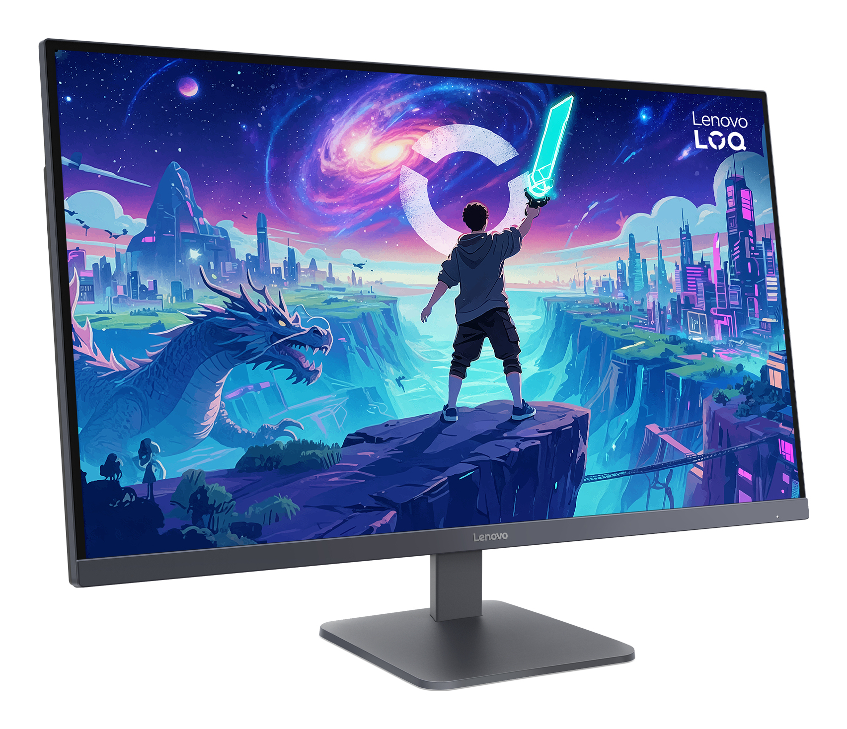 Monitor Lenovo na białym tle wyświetla kolorową scenę fantasy z smokiem i wojownikiem.
