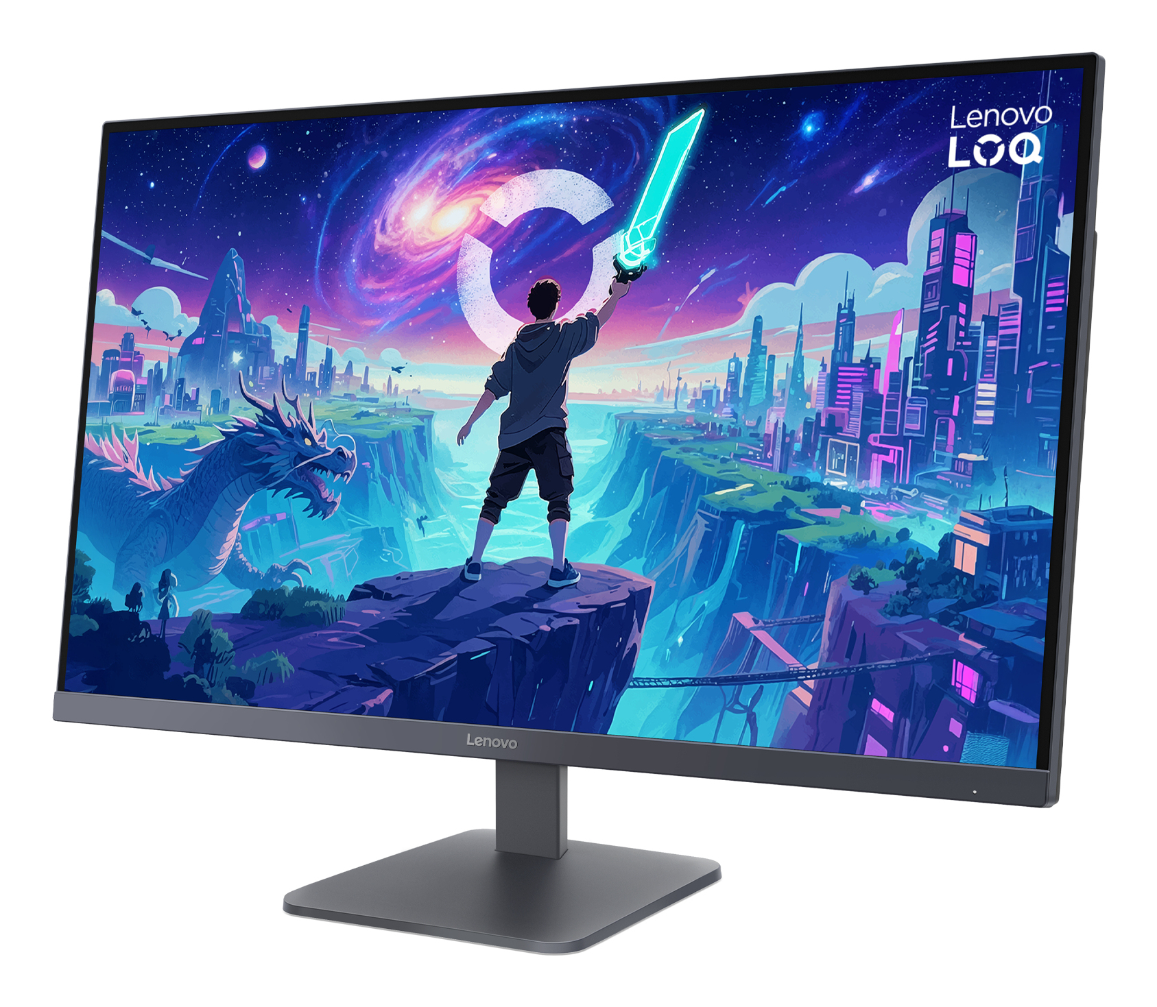 Monitor Lenovo wyświetla kolorową scenę fantasy z postaciami, smokiem i futurystycznym miastem.