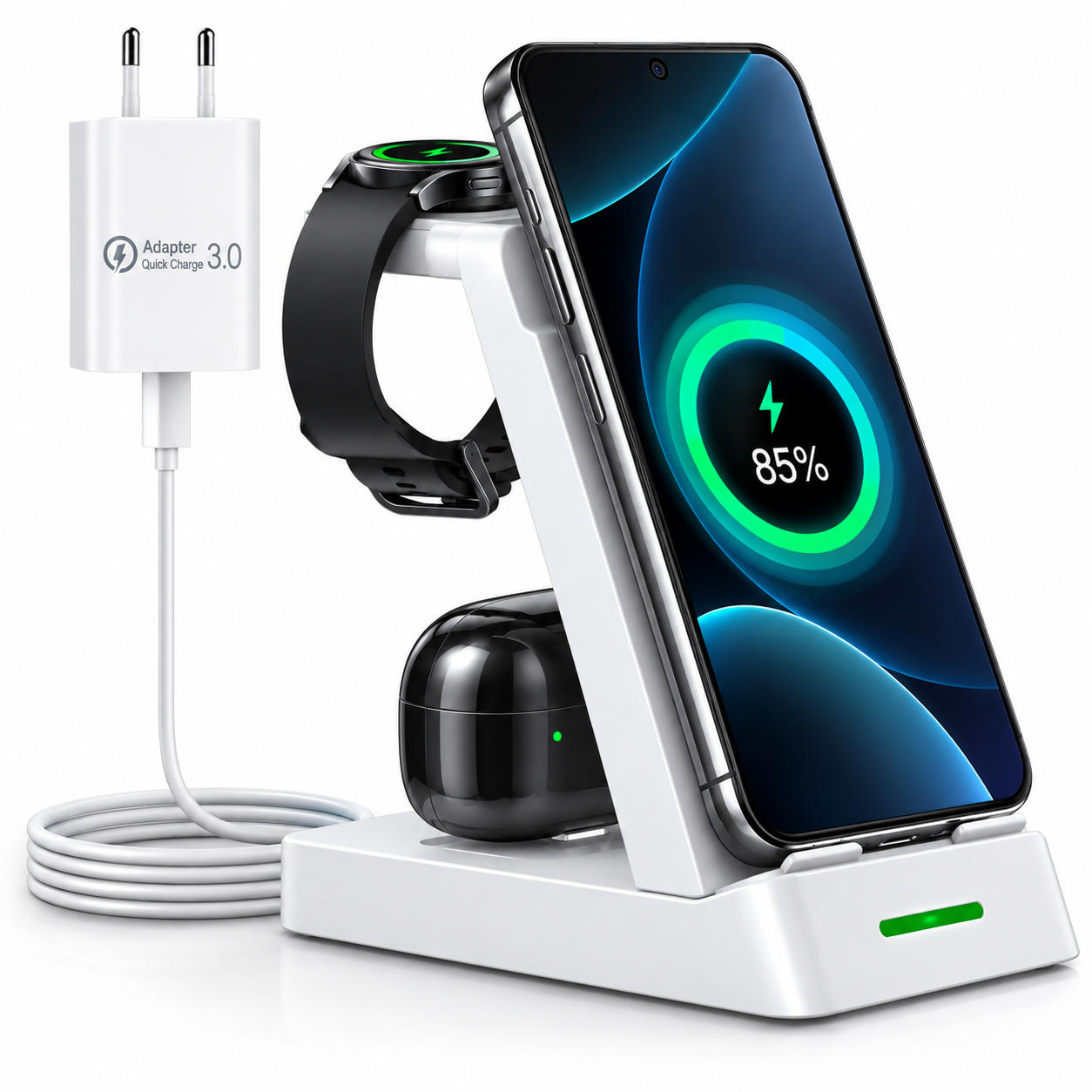 Weiße 3-in-1-Ladestation mit einem angeschlossenen Smartphone, einer Smartwatch und kabellosen Ohrhörern.