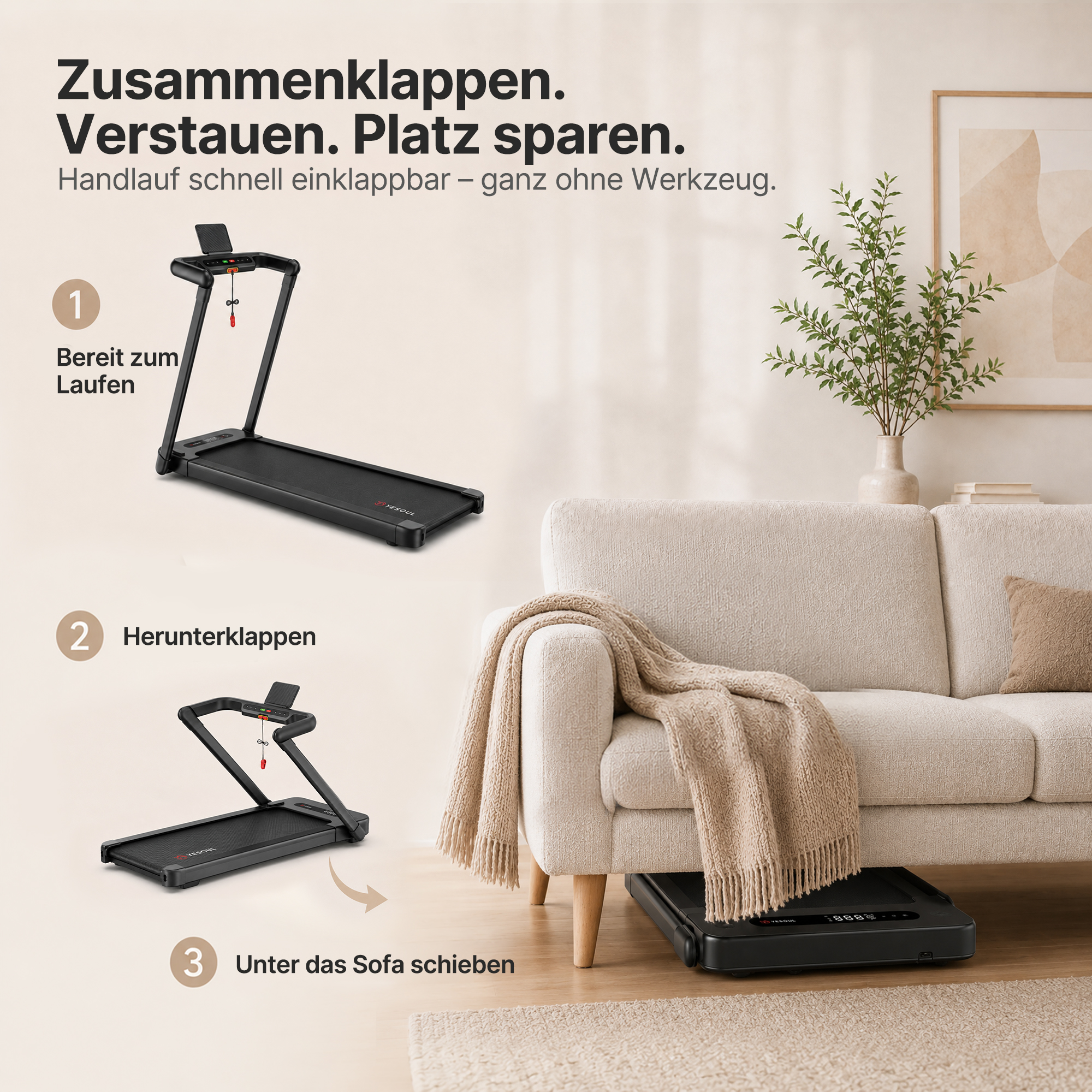 Faltbares Laufband für zu Hause, das nach dem Zusammenklappen unter ein Sofa geschoben werden kann.