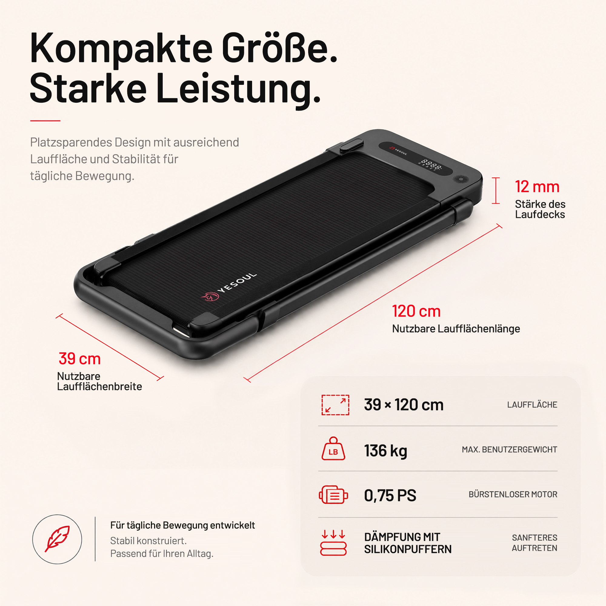 Kompaktes Laufband mit technischen Daten und Maßen in Zentimetern und Kilogramm.