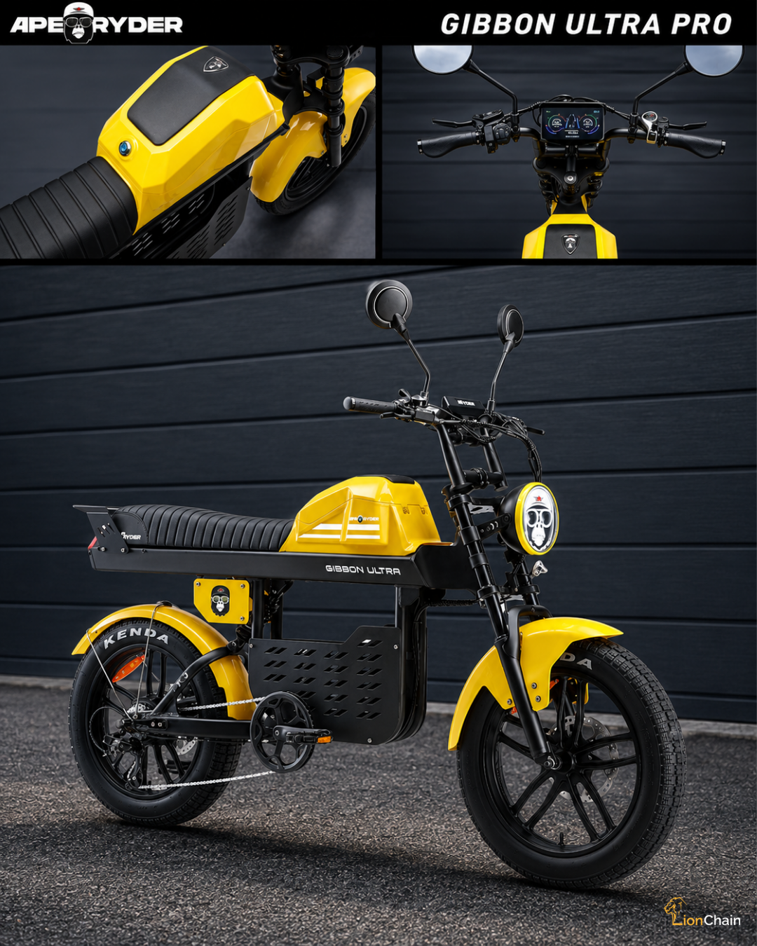 Koyu duvar önünde kuru kafalı sarı ve siyah renkli Ape Rider Gibbon Ultra Pro elektrikli bisiklet.