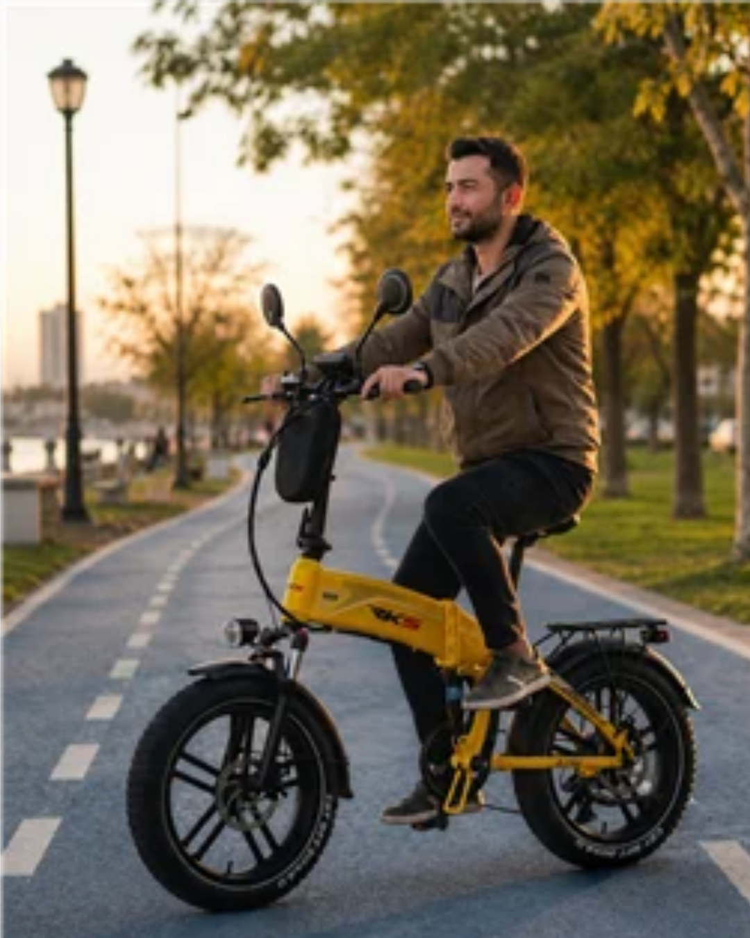 Gün batımında bir parktaki asfalt yolda sarı elektrikli bisiklet süren bir adam.