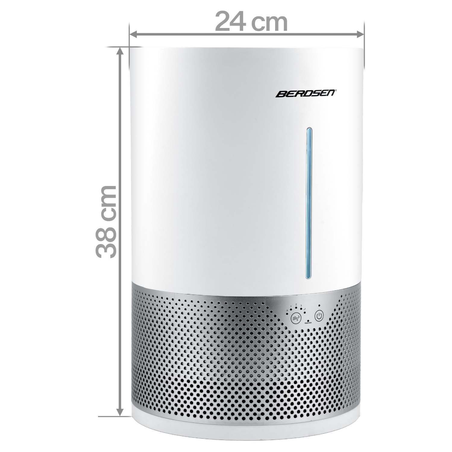 Biały nawilżacz Berdsen o wysokości 38 cm i szerokości 24 cm, z srebrną perforowaną podstawą i wskaźnikiem poziomu wody.