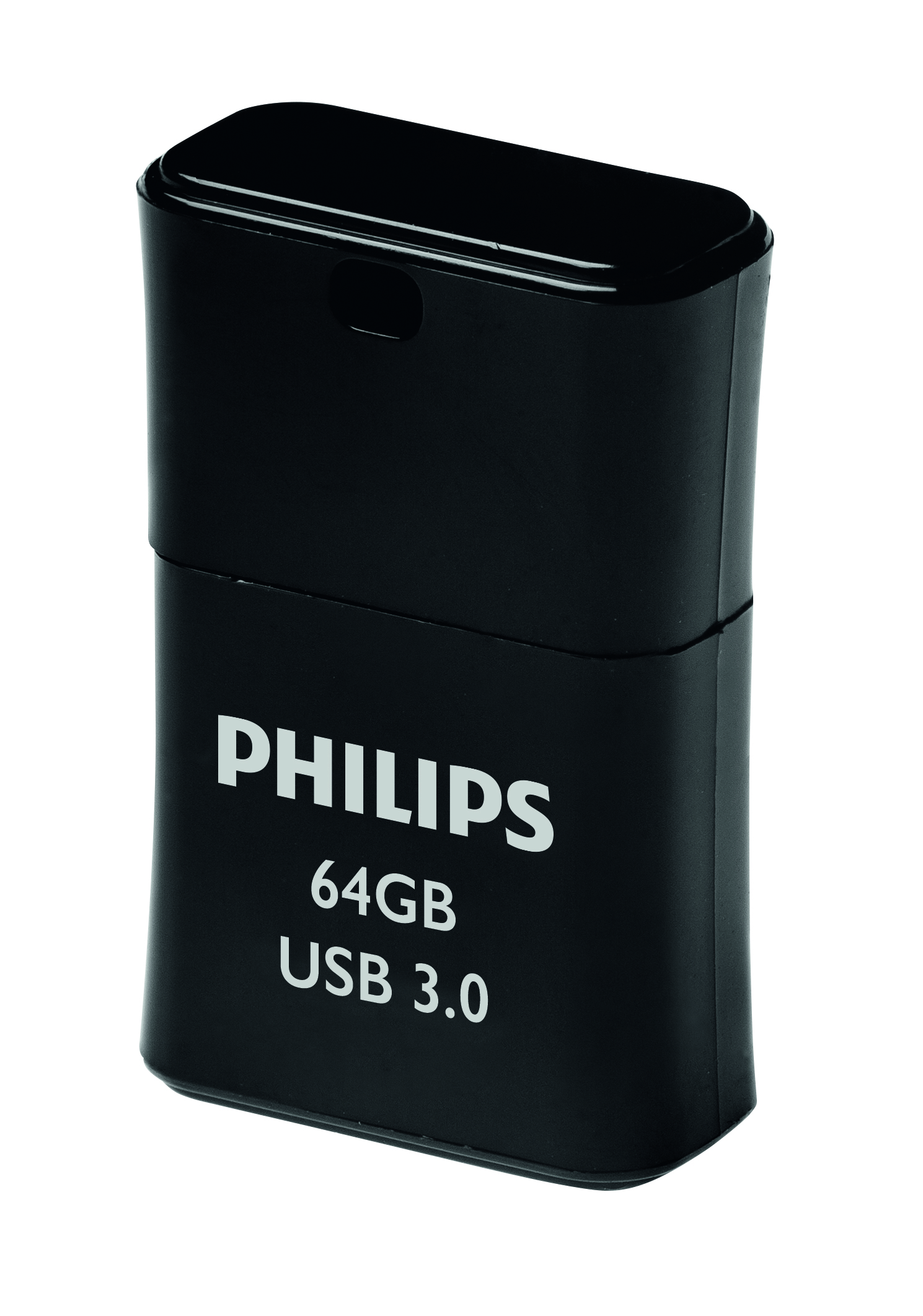 Black Philips 64GB USB 3.0 flash memory stick against a white background.