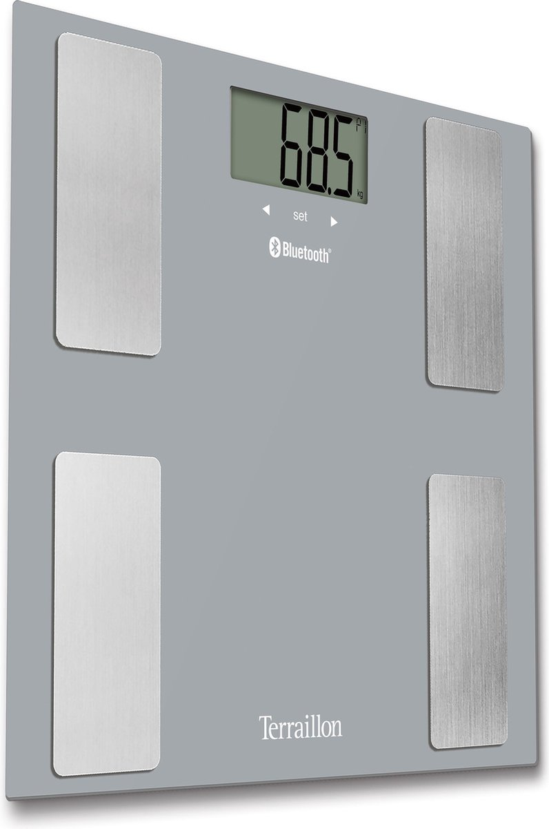 Eine graue digitale Personenwaage mit Bluetooth und Metallplatten.