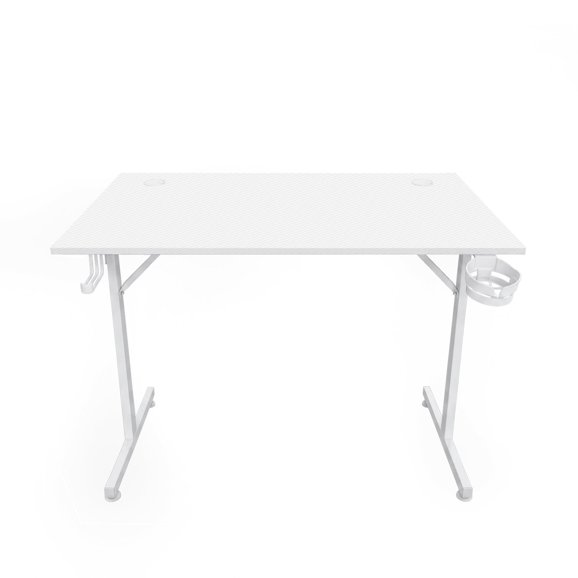 Un escritorio gamer blanco con patas en T, portavasos a la derecha y gancho para auriculares a la izquierda sobre fondo blanco.